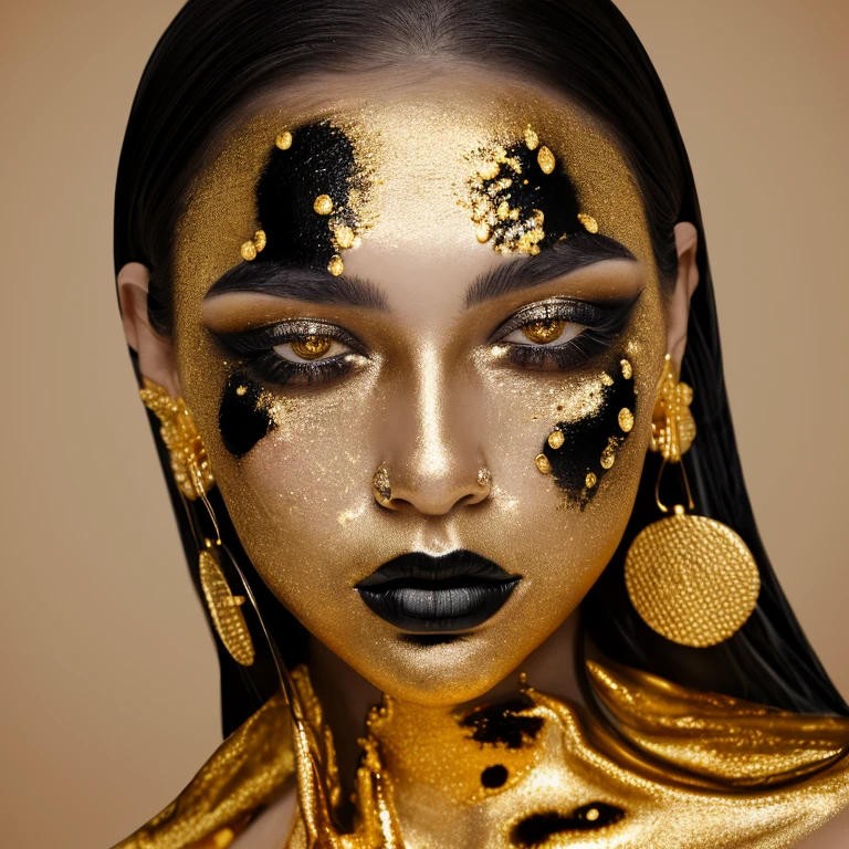 ultra 8k hd resolution, black and white photo raw, woman with gold paint on her face and black hair, digital art inspired by Hedi Xandt, pexels contest winner, digital art, portrait of metallic face, woman made of black flames, portrait shot, gold and black metal, 8k artistic portrait photography, black and gold rich color, black and gold colors, gold and black makeup
