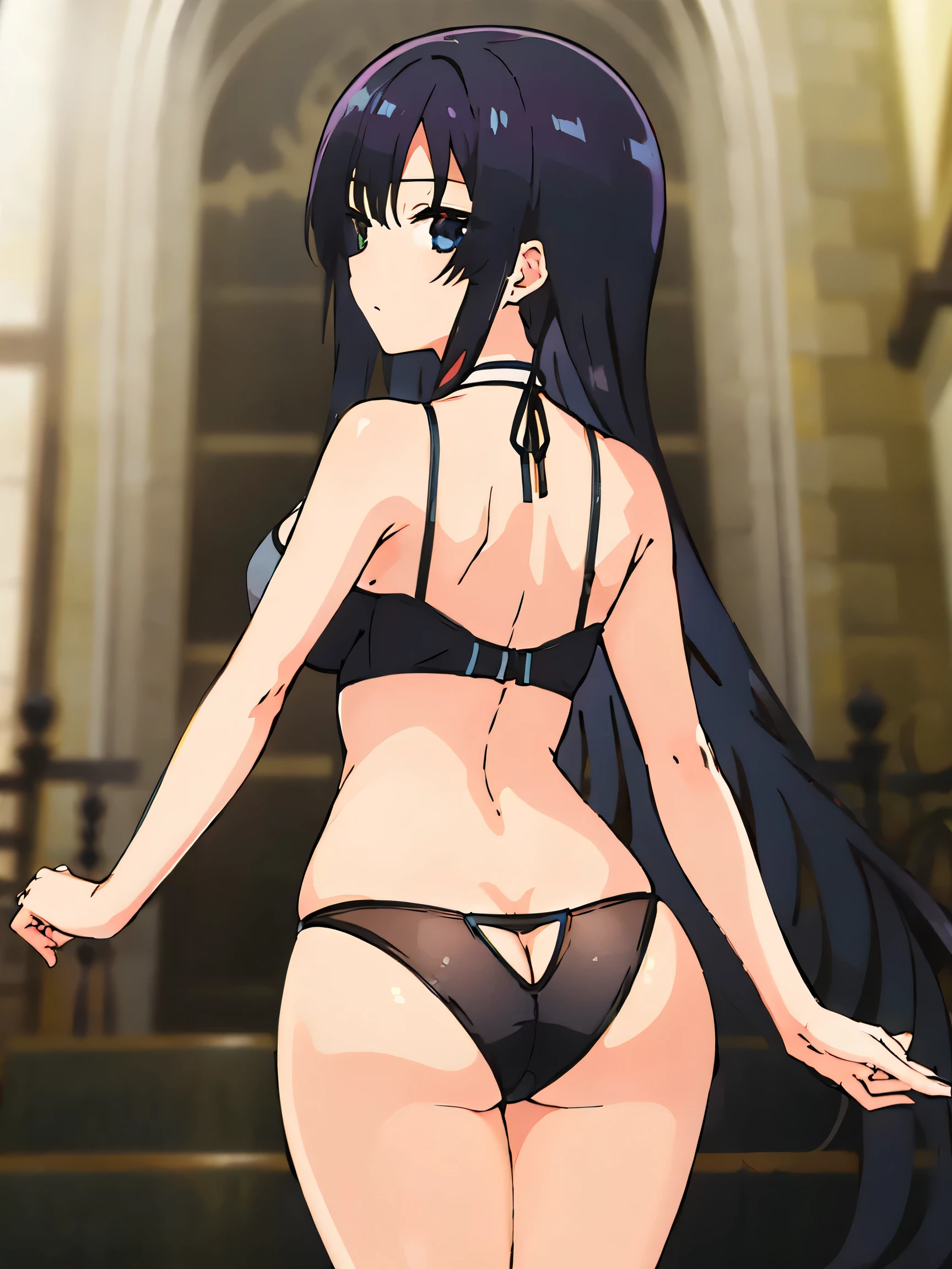 1 Girl、Black Hair、black eye、Expressionless、Long Hair、、High resolution、masterpiece、High resolution、highest quality、Super huge 、Big Ass、Anime Moe Art Style、Cowboy Shot、、Plush panties、lingerie、stomach、bra、Rear view、Thong