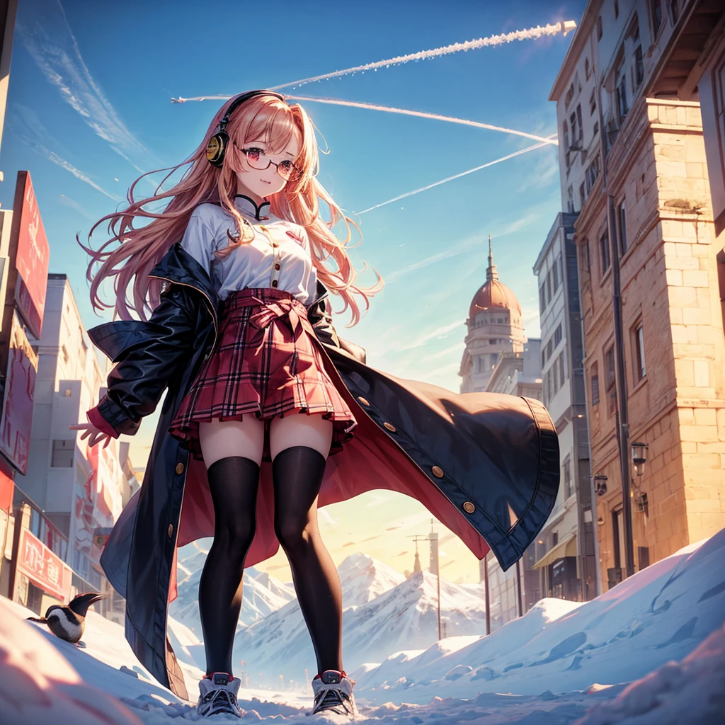 Pink gold golden hair、Red eyes、One good looking girl、solo、anime、Checkered mini skirt、The skirt has buttons、Red T-shirt、Long sleeve、China、Cape、Black knee-high socks、Wearing headphones、Wearing a ribbon、Ribbon on waist、Tilting face、Teeth are visible、tunnel、Sunset sky、The rocks are exploding、Penguins are walking、Snow is piled up、Rocky Mountain、The clouds are breaking through、Contrail、Medusa、Glasses、Cube