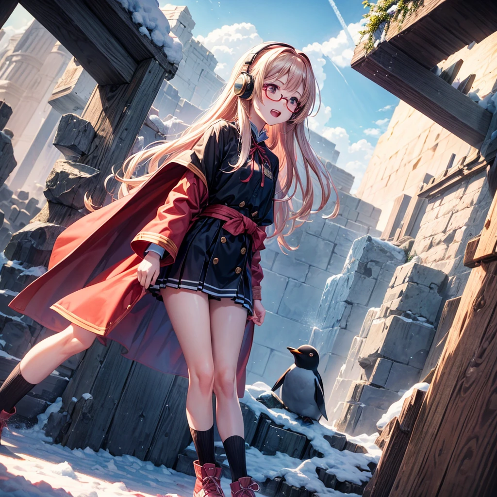 Pink gold golden hair、Red eyes、One good looking girl、solo、anime、Checkered mini skirt、The skirt has buttons、Red T-shirt、Long sleeve、China、Cape、Black knee-high socks、Wearing headphones、Wearing a ribbon、Ribbon on waist、Tilting face、Teeth are visible、tunnel、Sunset sky、The rocks are exploding、Penguins are walking、Snow is piled up、Rocky Mountain、The clouds are breaking through、Contrail、Medusa、Glasses、Cube