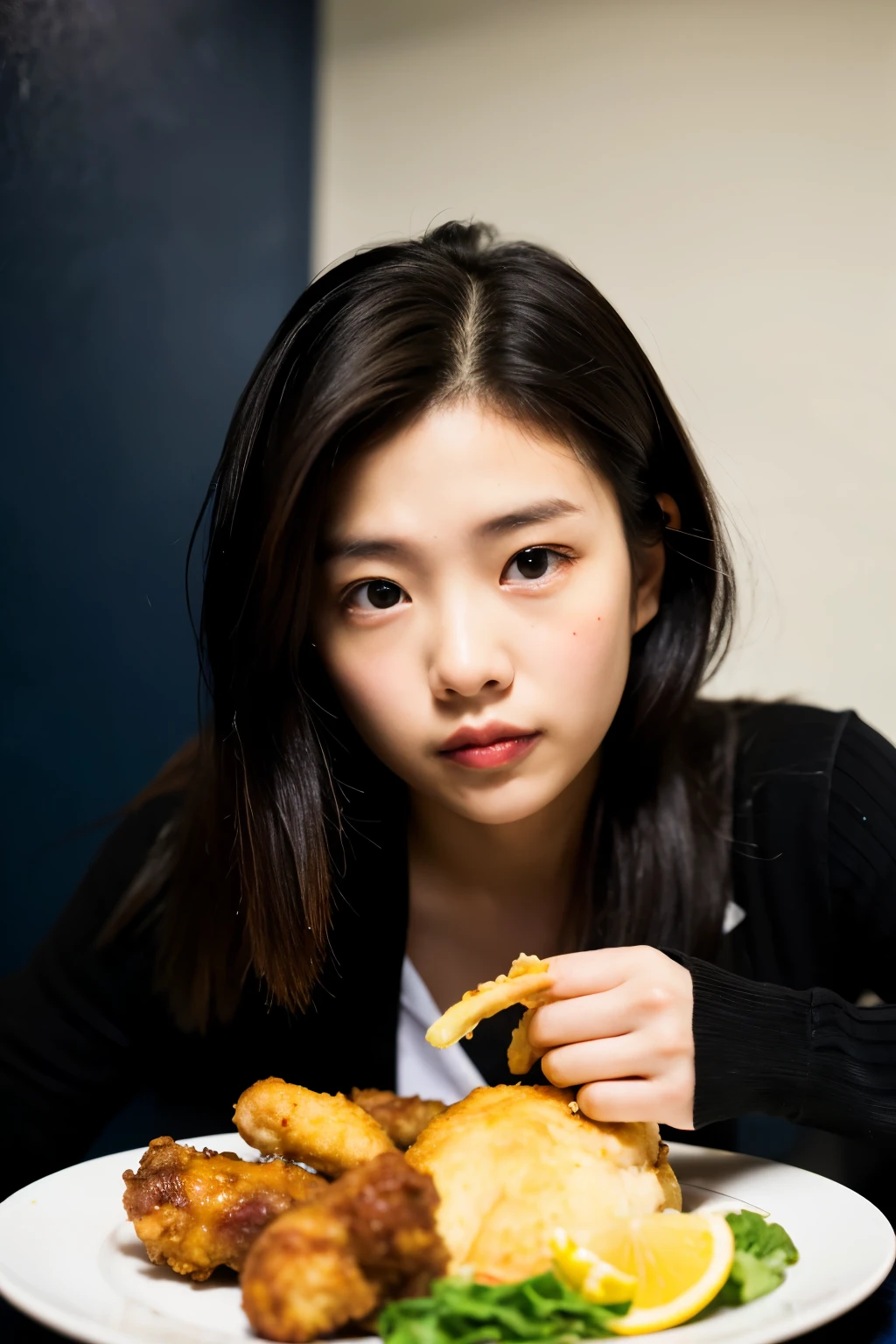 ((highest quality)), ((masterpiece)), Perfect Face,Eating lunch,Realistic photos,Japanese women,Dark Room Background,The fried chicken was done.