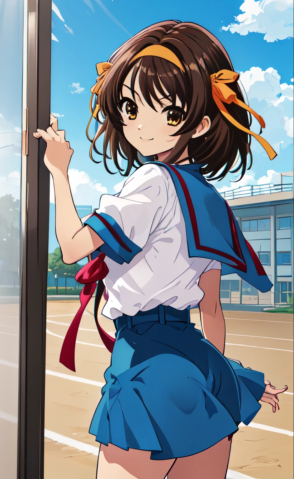 ((masterpiece)), best quality, high resolution, cowboy shot, anime coloring, (((kyoani haruhi style))), 1girl, solo, Haruhi Suzumiya, medium length hair, blue sailor collar, sailor collar, brown hair, bangs, brown eyes, yellow ribbon, smile, anime coloring, looking at viewer, (((in the school))), blue sky