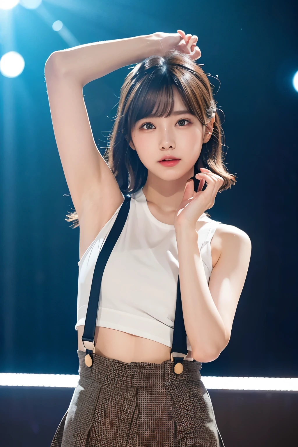 masterpiece、Flat Color、Depth of written boundary、Lens Flare 1 Girl、、Brown Hair、Staring at the audience internal Black suspenders Ample breasts Armpit sweat sweating Sides of both hands wall: Black trousers, sight Small face bangs over eyes Aside Cutter Shirt