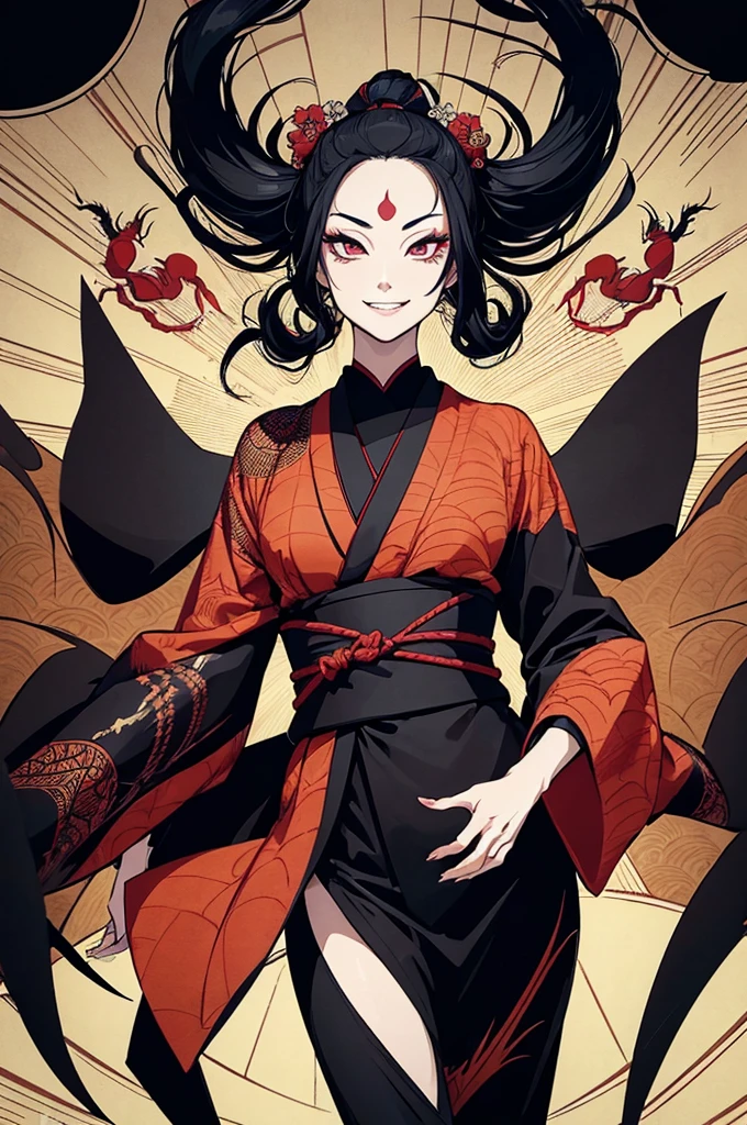 (masterpiece, best quality:1.1),
popart style,flat color,1lady,(lady with spider legs),black kimono,black long hair,bad smile,dark cave,Psycho Power,Ukiyo-e style illustration,dynamic angle,beautiful lighting,sharp,