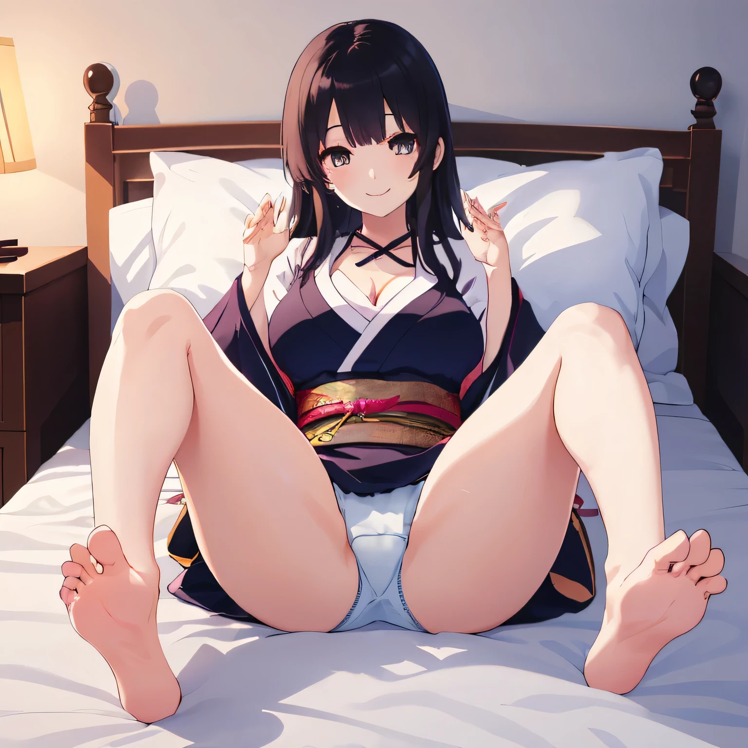 Japan anime, 20-year-old women, Beautiful Face, Young Face, underwear, Thighs, Beautiful breasts, In bed, whole bodyが見える, 4K quality, goddess, Cute Moe Anime, Healing, clear, A kind smile, Anime style Japanese hairstyle, Beauty, Clear Eyes, whole body, Cute face, Perfect Anatomy, Smooth, beautiful hair, Pure white skin texture, Gentle gesture pose, Full HD, 4K, Perfect Anatomy, Beautiful feet、With legs apart、Semi-long hair、Black Hair