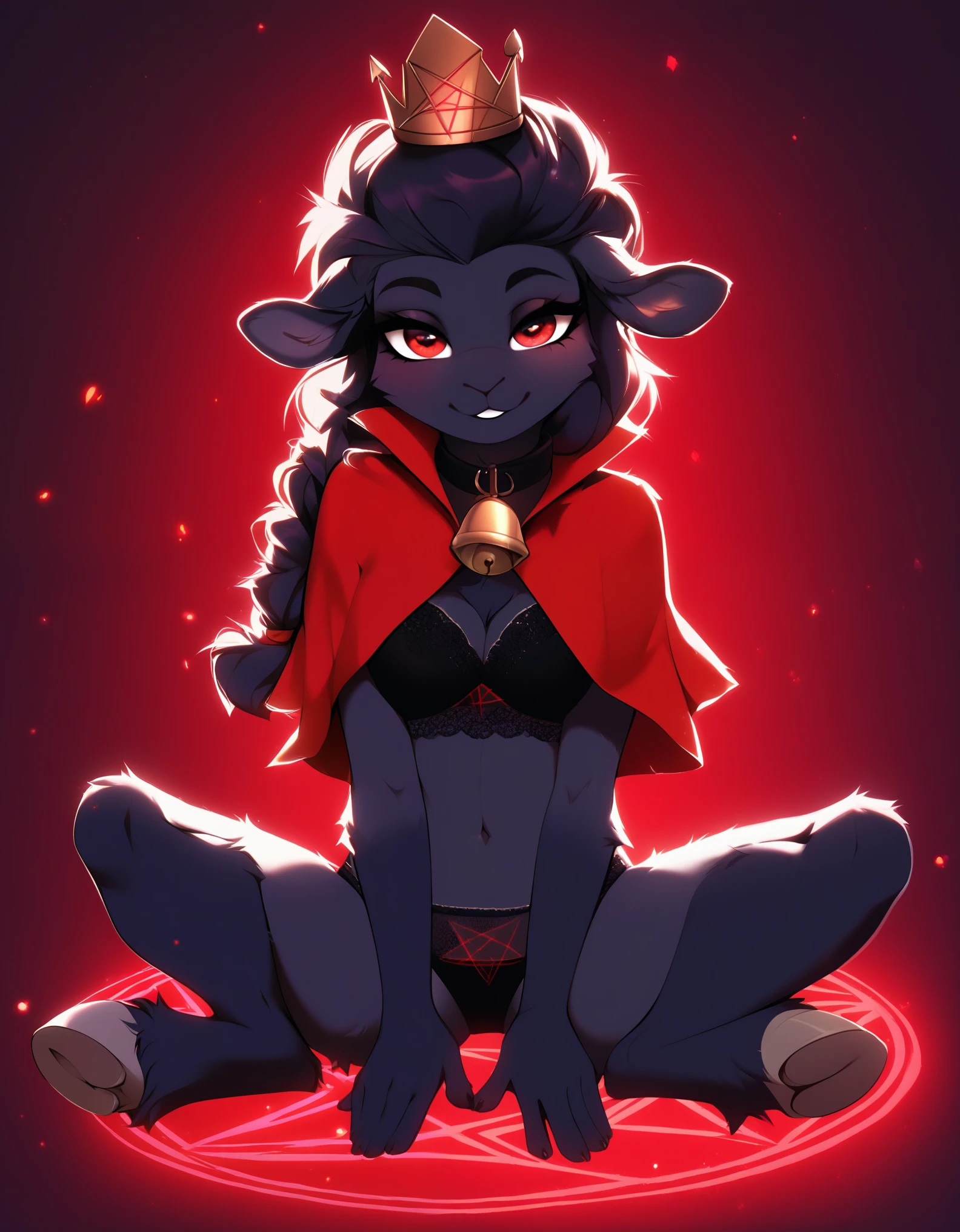 Furry shota, Lamb, "Cult of the lamb", red eyes, clear black body fur, black nose, small horns, white hair, spiky hairstyle, short hair, full body, detailed body fur, detailed body, detailed eyes, glistering body, shiny body, gorgeous body, masterpiece, feets whit three toes, ((crown, red cloak)), pose standing one leg up, leg hold pose, barefoot,