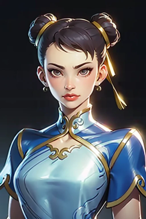 Chun-Li, do lutador de rua,(peito grande:1.5),dynamic poses, abra totalmente o peito,peito grande,curva corporal super perfeita, fitas de cabelo, twin hair buns, Corpo em forma de S,Waifu de anime (18 anos de idade)-pai gostoso-frivolidade-linguagem corporal, figura em forma, rindo mal,lindo rosto perfeito, Realistic style and super detailed renderings, superrealismo,kawaii, zbrush, super-realistic oil, processo de sombra de contorno - (Waiting to get started)