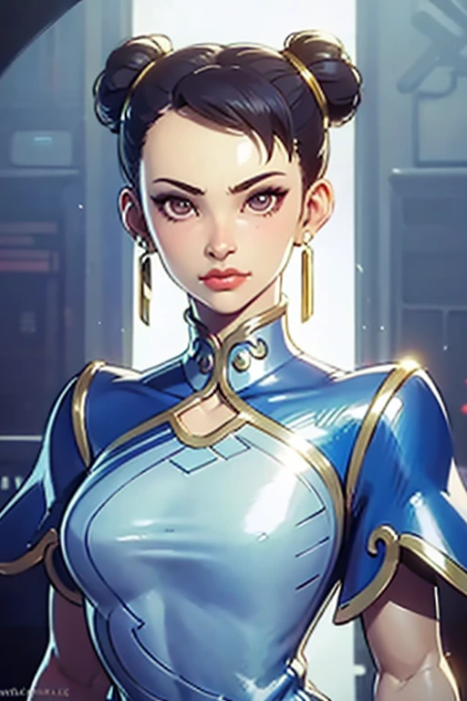 Chun-Li, do lutador de rua,(peito grande:1.5),dynamic poses, abra totalmente o peito,peito grande,curva corporal super perfeita, fitas de cabelo, twin hair buns, Corpo em forma de S,Waifu de anime (18 anos de idade)-pai gostoso-frivolidade-linguagem corporal, figura em forma, rindo mal,lindo rosto perfeito, Realistic style and super detailed renderings, superrealismo,kawaii, zbrush, super-realistic oil, processo de sombra de contorno - (Waiting to get started)