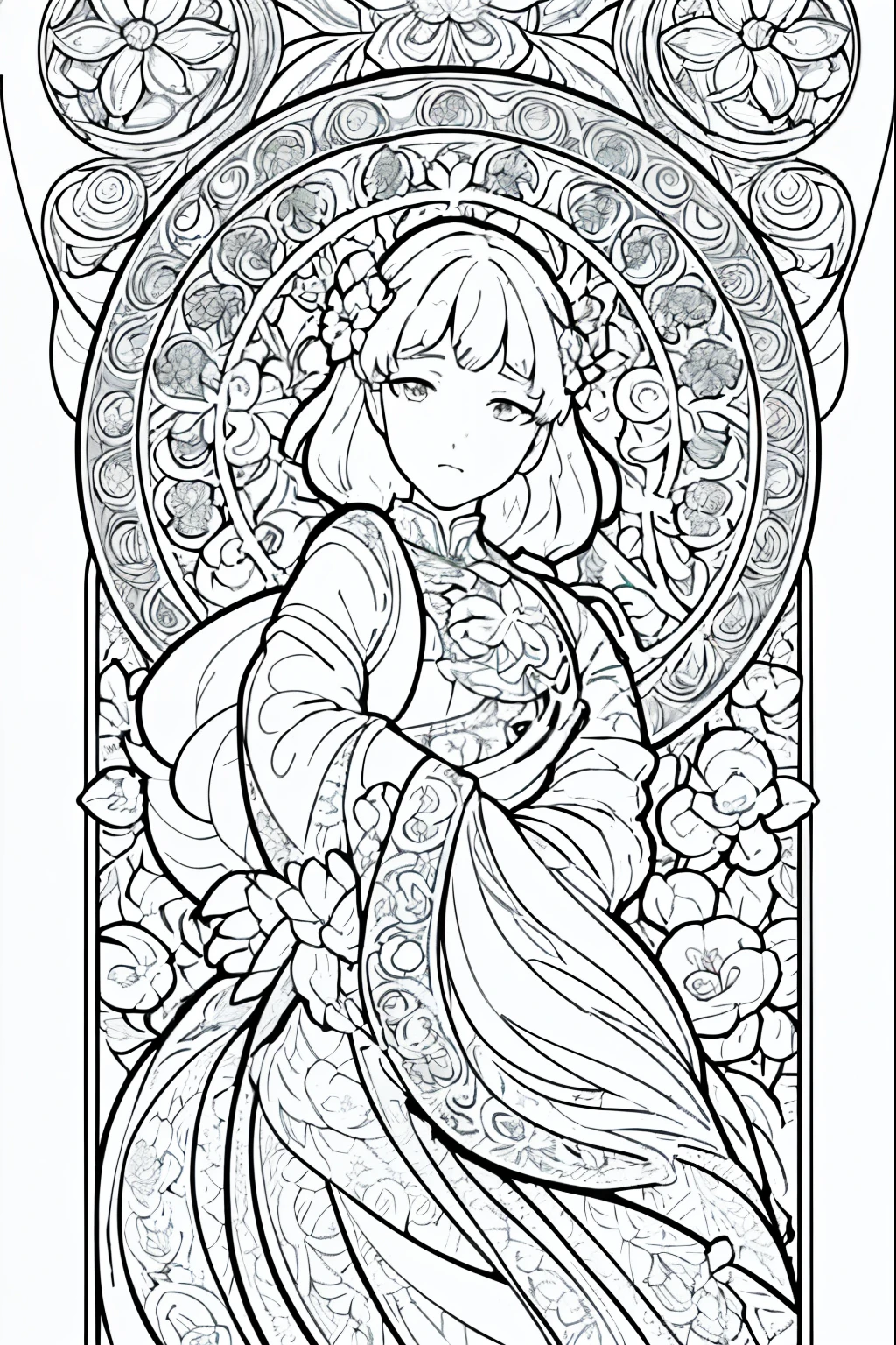Flower Painting, Floral frame, Decorative panel, Abstract Art of Alphonse Mucha, sketchfab, 色や影のないLine artやシーン. (masterpiece, Better Quality, High resolution: 1.4), be familiar with, Intricate details, 4K, Color Splash, Line art, Fibonacci,