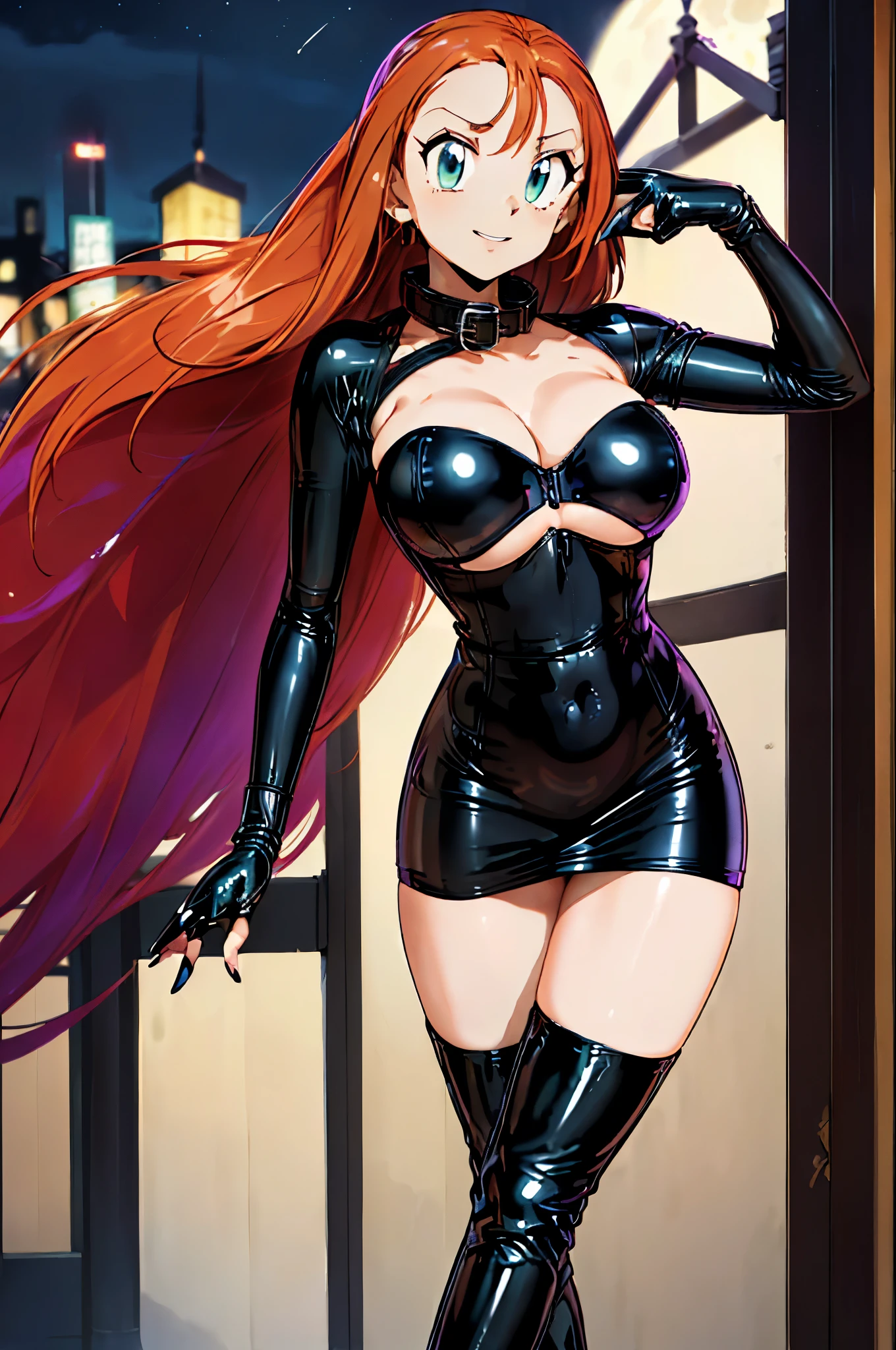BDSM、Queen、spouse、(((One Girl)))、alone、(((Long gloves covered in black latex all the way to the fingertips:1.4 )))、(((黒いラテックスのコルセットdress:1.4)))、(((コルセットdressは綺麗なレースで飾られています)))、(((ショルダーストラップ付きのコルセットdress)))、(((black latex tight miniskirt:1.4)))、(((Black thigh-high boots)))、Stiletto heels、(((Black latex panties)))、(((black latex bra)))、(((Black leather collar)))、(((Sexy pose)))、Wide-open legs、(((erotic)))、(((Cowboy Shot)))、((masterpiece, highest quality;1.3)), Very detailed, Detailed Background, smile,Orange Hair,
fine grain, Very detailed eyes, Large Breasts, purple bodycon dress, running, Long Hair, tube_dress, Strapless_dress,
Young Hands, Miku, night, city, Shinjuku, full moon,