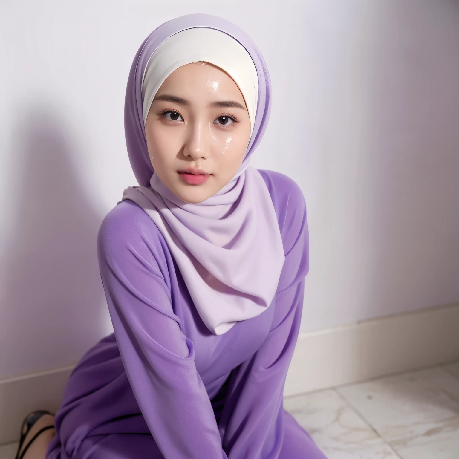 ung asian woman, flawless skin, wearing a purple dress, kneeling, close shot, (white milk dripping on cheek), a lot of milk dripping, shiny lips, (wearing full hijab), shot from higher angle, frontal shot
