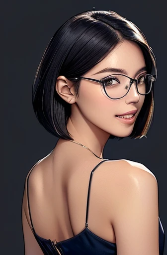 (masterpiece), (8k, best quality, high resolution), (ultra-detailed, realistic), (anatomically correct),
((Portrait)), (Standing), (((looking back))), (No background),
(1woman), (looking at viewer), (show your back),
(A Japanese woman, 30 years old and 155cm tall.),
(black hair), (straight hair), (short hair style), (bob cut), (hair behind ears),
(wear glasses), ((black cell frame glasses)),
((Wear a navy blue spaghetti strap dress)),((Mini length dress with a simple design and minimal decoration)),
(Create a detailed image of the eye),
(Her impression is pure, clean and kind.),
((A captivating smile, just showing a few teeth.)),