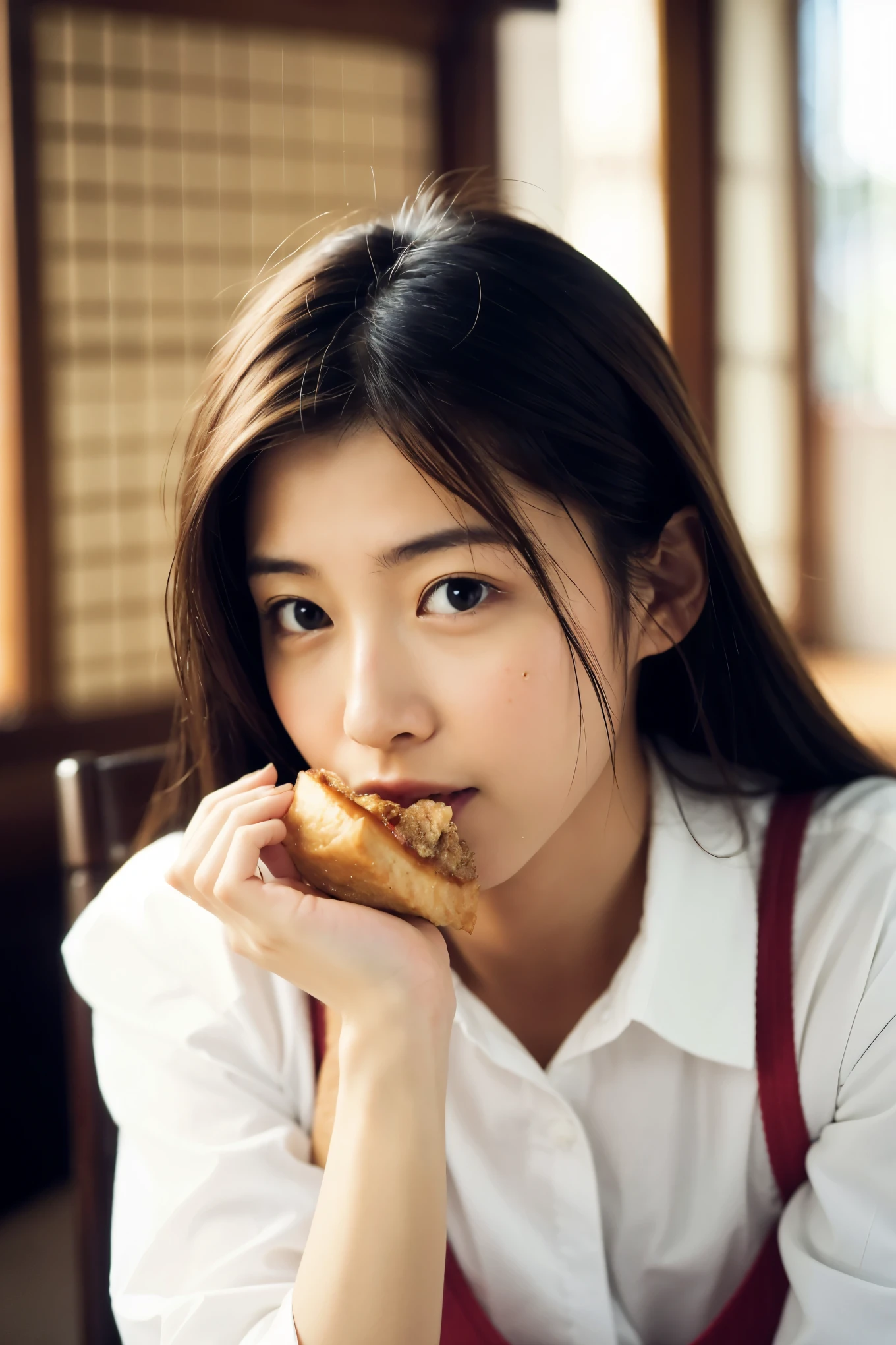 ((highest quality)), ((masterpiece)), Perfect Face,Eating lunch,Realistic photos,Japanese women,With chopsticks