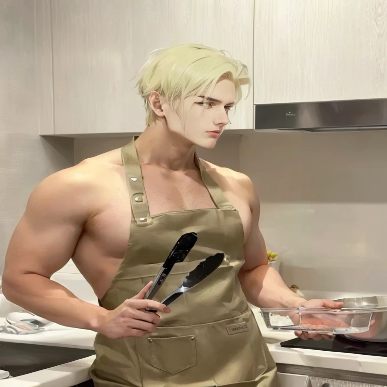 there is a man in an apron holding a knife and a bowl, xqc, chef saitama one punch man, johan liebert, johan liebert mixed with dante, male art, cooking, tanjiro kamado, johan liebert mixed with alucard, from attack on titan, as an anime character, cook, wearing an apron, sakimichan