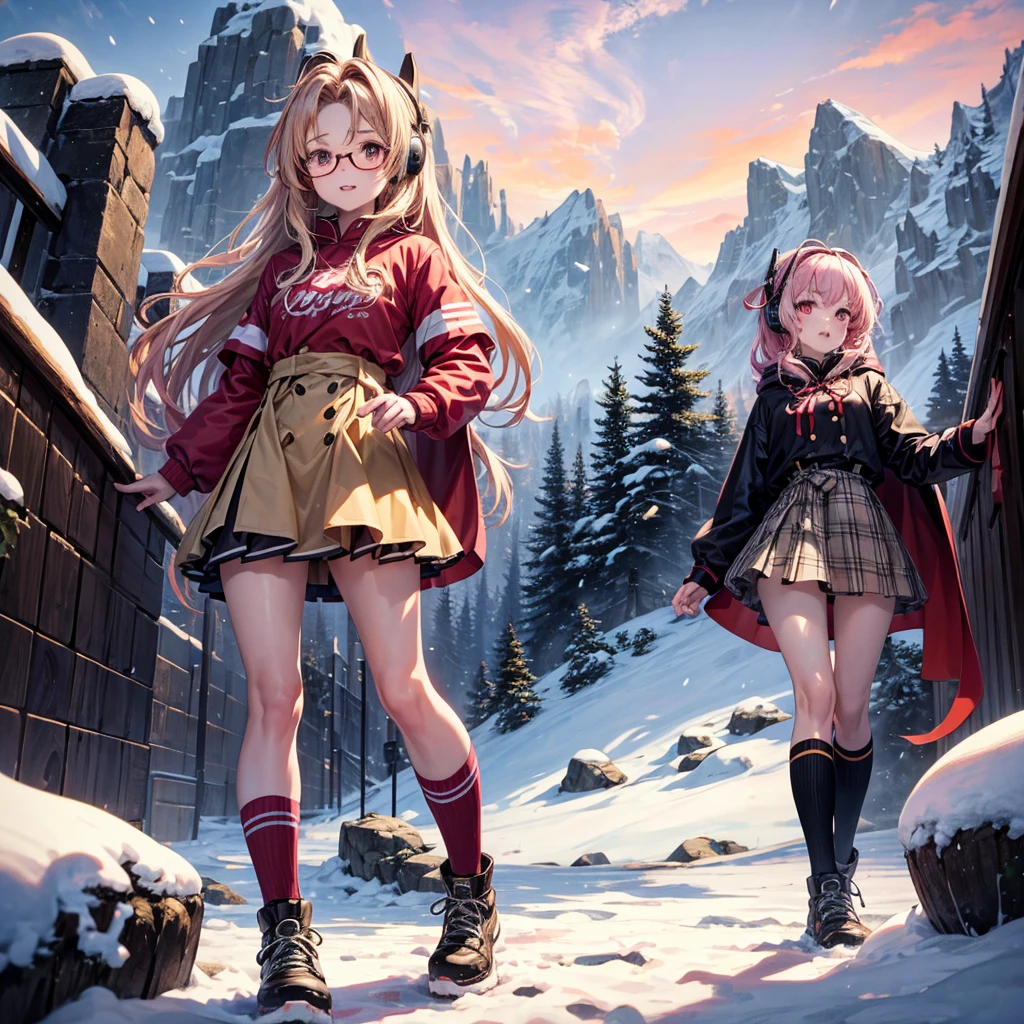 Pink gold golden hair、Red eyes、One good looking girl、solo、anime、Checkered mini skirt、The skirt has buttons、Red T-shirt、Long sleeve、China、Cape、Black knee-high socks、Wearing headphones、Wearing a ribbon、Ribbon on waist、Tilting face、Teeth are visible、tunnel、Sunset sky、The rocks are exploding、Penguins are walking、Snow is piled up、Rocky Mountain、The clouds are breaking through、Contrail、Medusa、Glasses、Cube