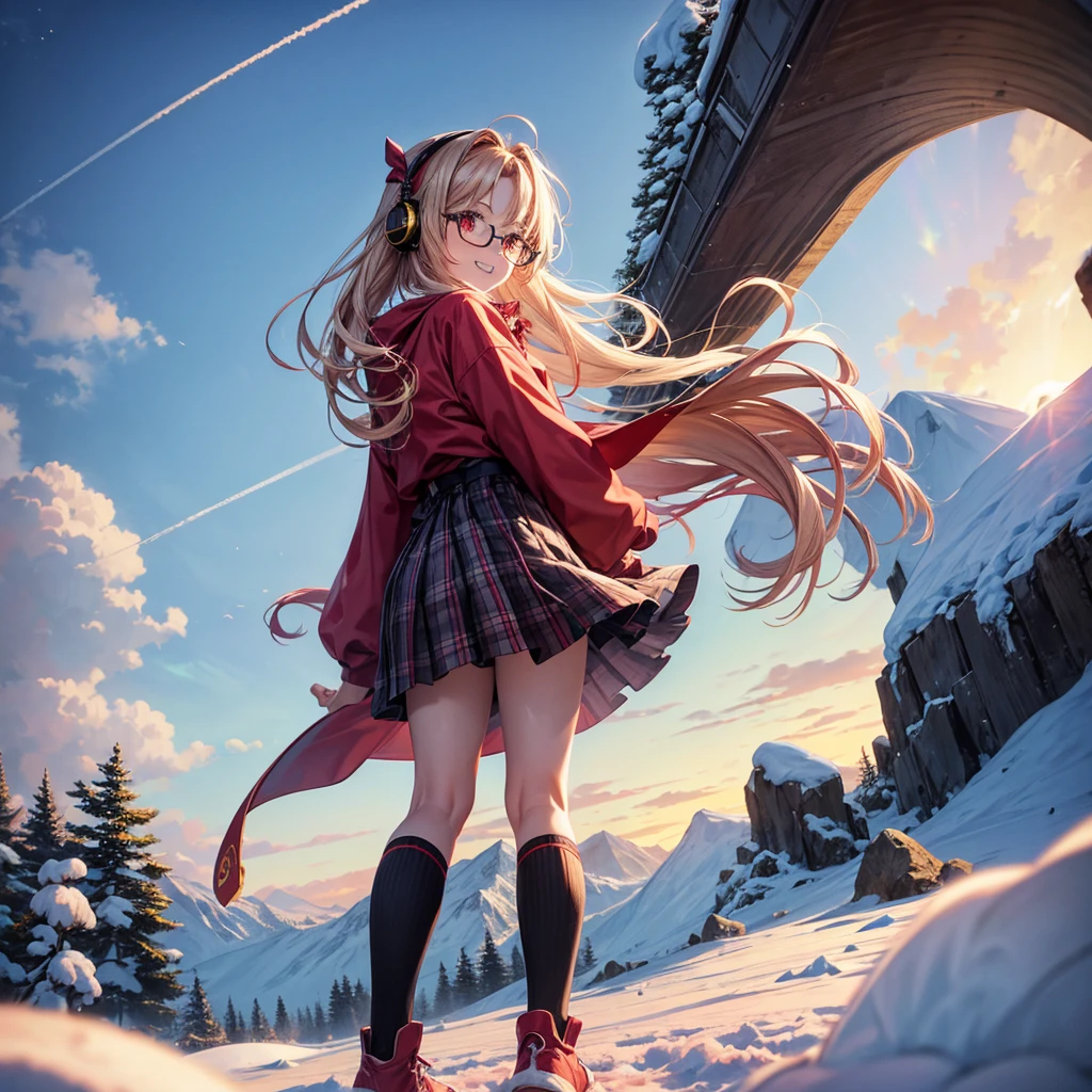 Pink gold golden hair、Red eyes、One good looking girl、solo、anime、Checkered mini skirt、The skirt has buttons、Red T-shirt、Long sleeve、China、Cape、Black knee-high socks、Wearing headphones、Wearing a ribbon、Ribbon on waist、Tilting face、Teeth are visible、tunnel、Sunset sky、The rocks are exploding、Penguins are walking、Snow is piled up、Rocky Mountain、The clouds are breaking through、Contrail、Medusa、Glasses、Cube