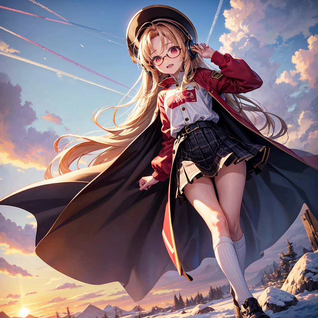 Pink gold golden hair、Red eyes、One good looking girl、solo、anime、Checkered mini skirt、The skirt has buttons、Red T-shirt、Long sleeve、China、Cape、Black knee-high socks、Wearing headphones、Wearing a ribbon、Ribbon on waist、Tilting face、Teeth are visible、tunnel、Sunset sky、The rocks are exploding、Penguins are walking、Snow is piled up、Rocky Mountain、The clouds are breaking through、Contrail、Medusa、Glasses、Cube