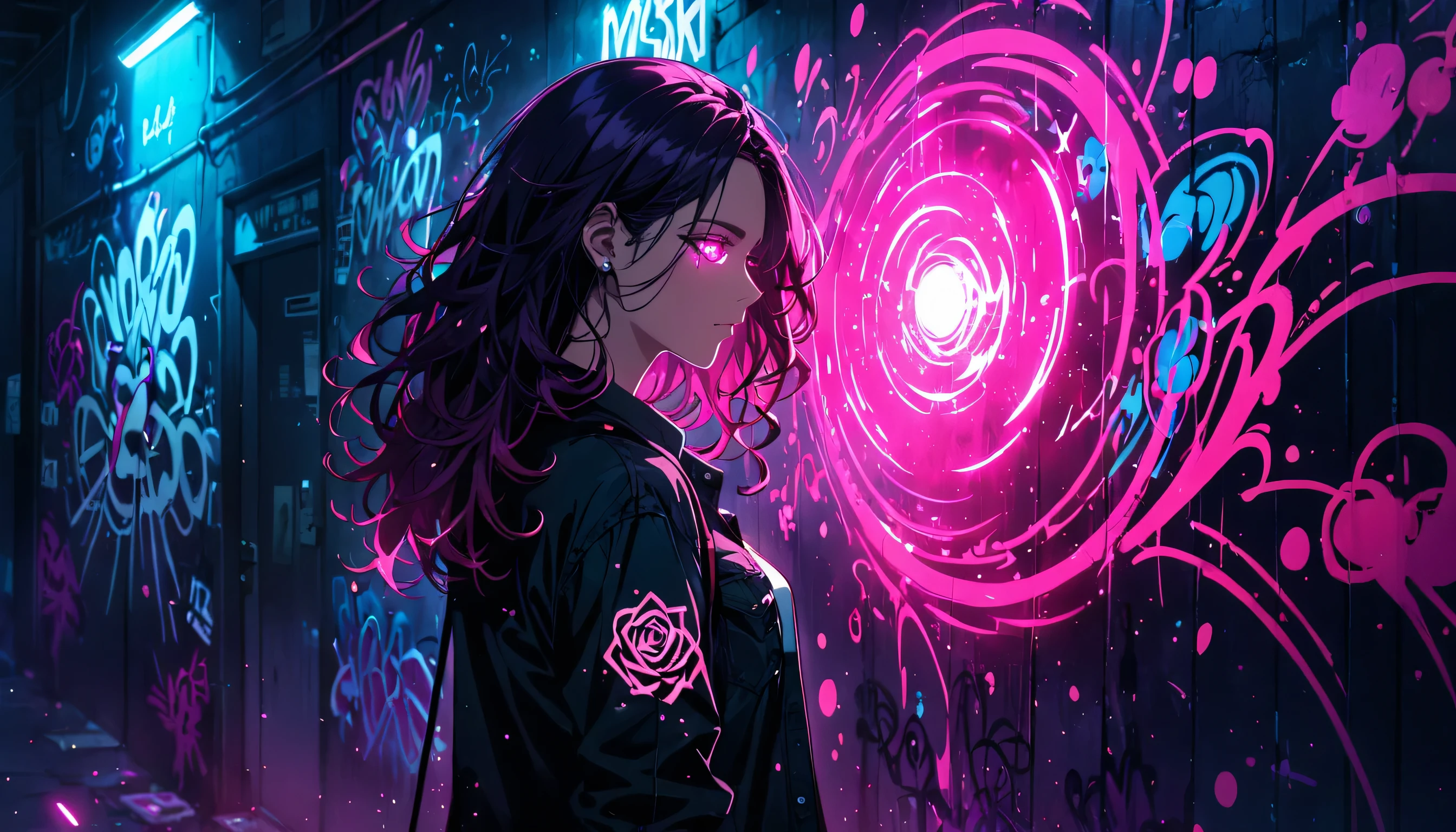(Graffiti rosa fluorescente da misteriosa Libra:2.0),Interior,Fluorescent Lighting, (Darkness shrouded, fundo preto, sombra, extreme darkness, atmosfera escura:3.0),fundo da parede,fundo preto,silhueta,sombra,fundo de estilo graffiti darknesinimalista extremo,Grafite fluorescente de olho rosa,atmosfera escura,tiro de vaqueiro,1 garota,(corte de camisa curta mais curto1.8),PEITO ENORME,mamilo longo,relevo de mamilo,abaixo do peito,fundo desfocado,primeiro plano desfocado,Cabelo rosa fluorescente,Fluorescent pink eyes raised and touching hair,Cabelo longo,Messy hair, shorts jeans de cintura baixa,botas acima do joelho,olho rosa brilhante,Ruined eyesombra,Poker Face