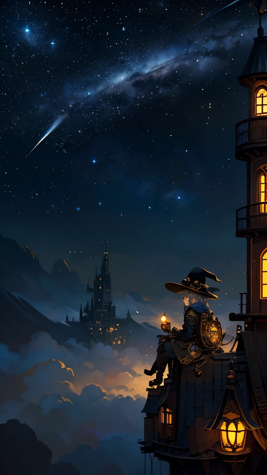 steampunkai。highest quality。Masterpiece。Detailed details。A witch using a mysterious device to observe the stars on the roof of a tower above the sea of clouds.。The background is a starry sky with a galaxy。