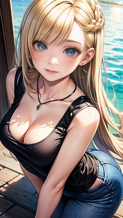(((highest quality)), ((masterpiece)), (Very detailed), (Very high resolution), (Beautiful detailed sparkle), ((Anatomically correct))), ((Realistic)),
8k, (Anime Style), Anime 2D Rendering,
One Woman:1.5,
(Symmetrical facial features:1.4, Perfect Face), Beautiful clavicle, (Beautiful fingers), (((Beautiful breasts, Slightly smaller chest))),
Beautiful body, Beautiful thighs, Beautiful feet, Perfect round butt, (((Detailed skin, Textured skin, Beautiful shiny white skin))),
BREAK
(Baby Face, cute, 18-year-old),
Double eyelids, Natural eyebrows, Long eyelashes,
(Expression of fine eyes, Beautiful and delicate eyes, Sparkling eyes, twinkle in the eyes, blue eyes),
(Beautiful Nose,Thin Nose),
(Glossy Lips, Beautiful Lips, thick lips),
(Beautiful Hair, Shiny Hair, Shiny Hair), Hair fluttering, (Blonde, Hime cut:1.4),
BREAK
(Black tank top:1.4)、(Denim skinny pants), sneakers, Earrings、Silver Necklace、 BREAK
(Enchanting、Embarrassed expression、Laughing expression), (First Person View、Place your hands above your head)、((sunlight、coastal))