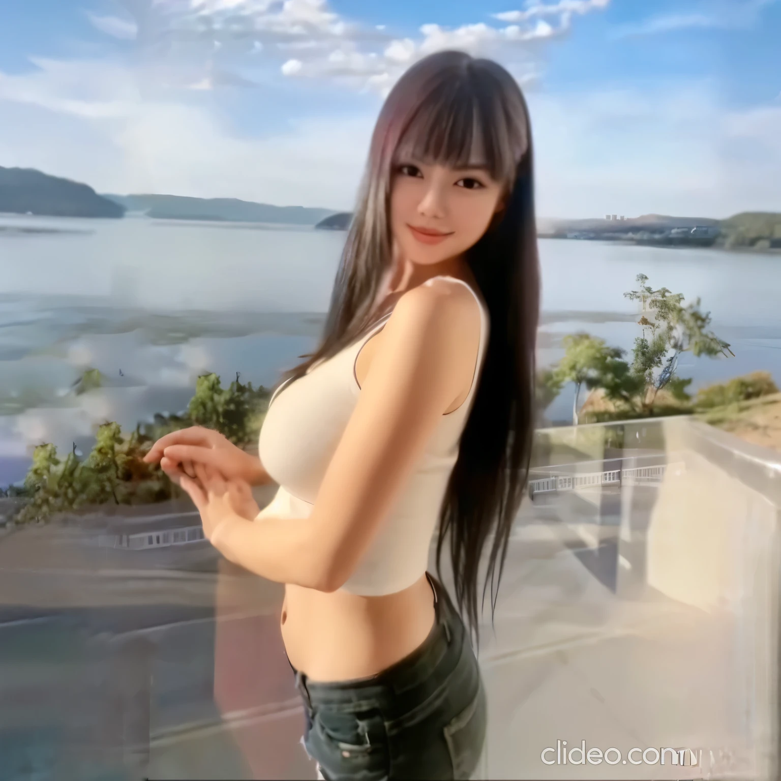 The neck is flesh-colored and clean，Clean and beautiful jaw line，White top，Beautiful firm bust，Beautiful bust，Tight waist，Low-rise denim shorts ，Sexy and beautiful thighs and hips，Perfectly proportioned and balanced,Elegant, beautiful and graceful,