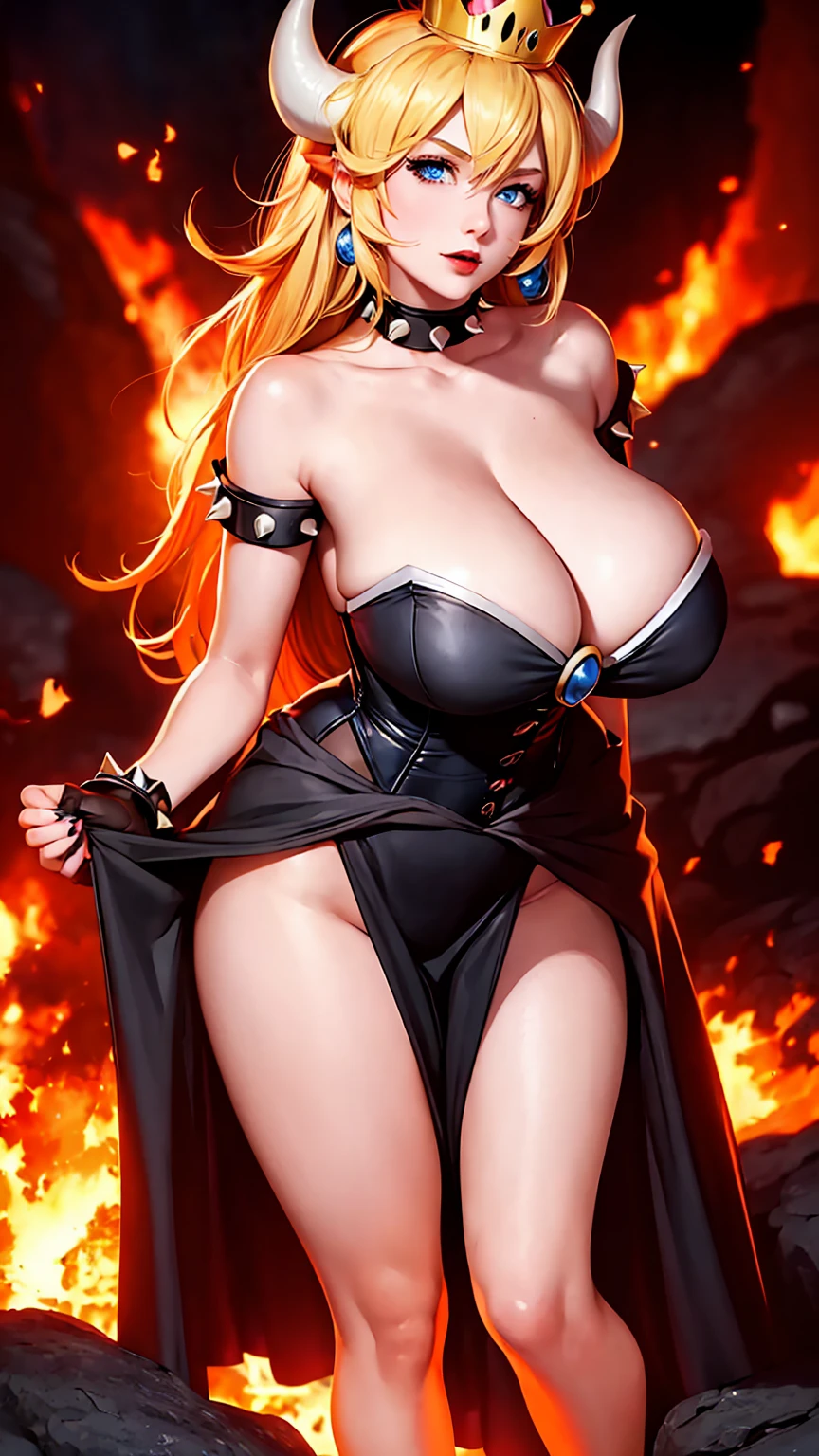 ((high detailed, best quality, 4k, masterpiece, hd:1.3)), ((best quality)), (((HD))), (((8k))), (ultraDH), (ultra HD), Princess Daisy, blue eyes, BREAK blue eyes, seductive, attractive, smooth anime cg art, 36C breasts, long legs, vivid colors, detailed digital art, slim body, perfect skin, dark blonde hair, long hair, blonde hair, blonde hair, BREAK crown, cleavage, 36C cleavage, looking at viewer, BREAK looking at viewer, extremely detailed face, red santa suit, red santa claus suit, santa claus suit, earrings, gem, dark black makeup lips, dark gothic eyeshadows, dark eyeshadows, black eyeshadows, black sexy lips, black lips, (dark:1.2), dark lips, very dark lips, (perfect hands, perfect anatomy), black makeup, black medium lips, black thick lips, detailed fingers, five fingers per hand, 5 fingers, (1 girl), detailed lips, detailed black lips, black painted lips, gothic painted lips, BREAK night, night sky, (breast focus), (arms outstreched:1.2), (from above:1.1), (breasts out:1.3), (off shoulder:1.1), (white horns), (corset), inside a lava castle, she inside a sea of lava, she bathing in lava, full body, perfect long legs, perfect foots, legs and foots into the lava, (((gigantic breasts)))