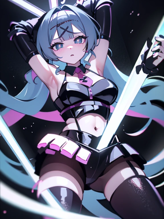 Hatsune Miku poses in full plate armor at a club