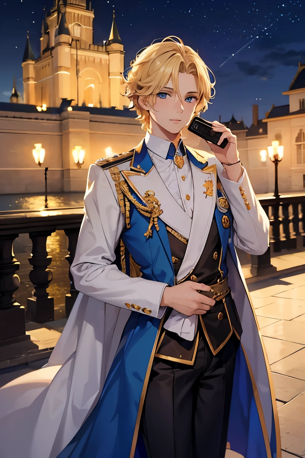 1cowok,Prince, handsome,at night, blonde hair, 22 years old, prince clothes, short blonde hair, wavy hair, blue eyes, on the phone, at the royal castle