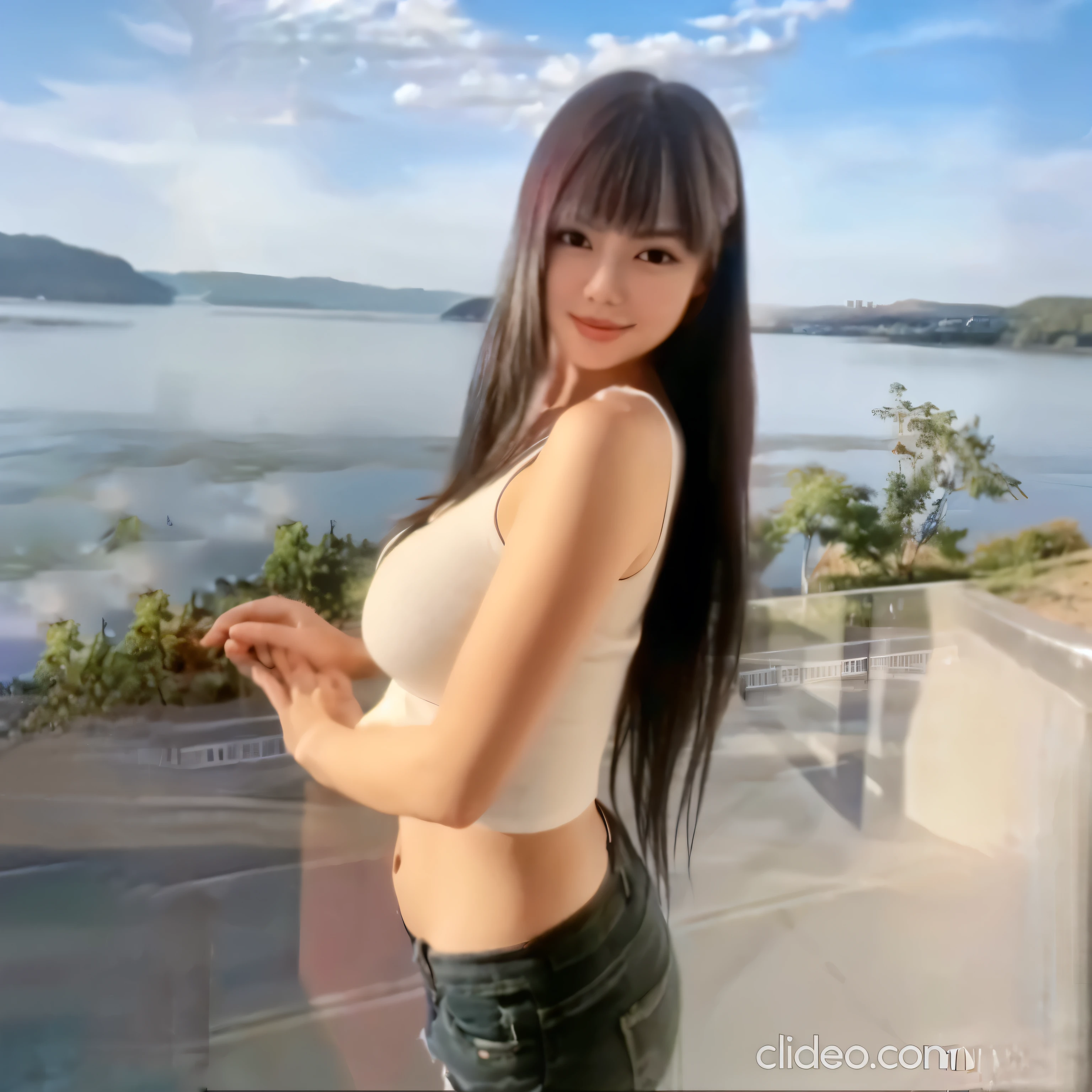 The neck is flesh-colored and clean,Clean and beautiful jaw line,White top,Beautiful firm bust,Beautiful bust,Tight waist,Low-rise denim shorts ,Sexy and beautiful thighs and hips,Perfectly proportioned and balanced,Elegant, beautiful and graceful,