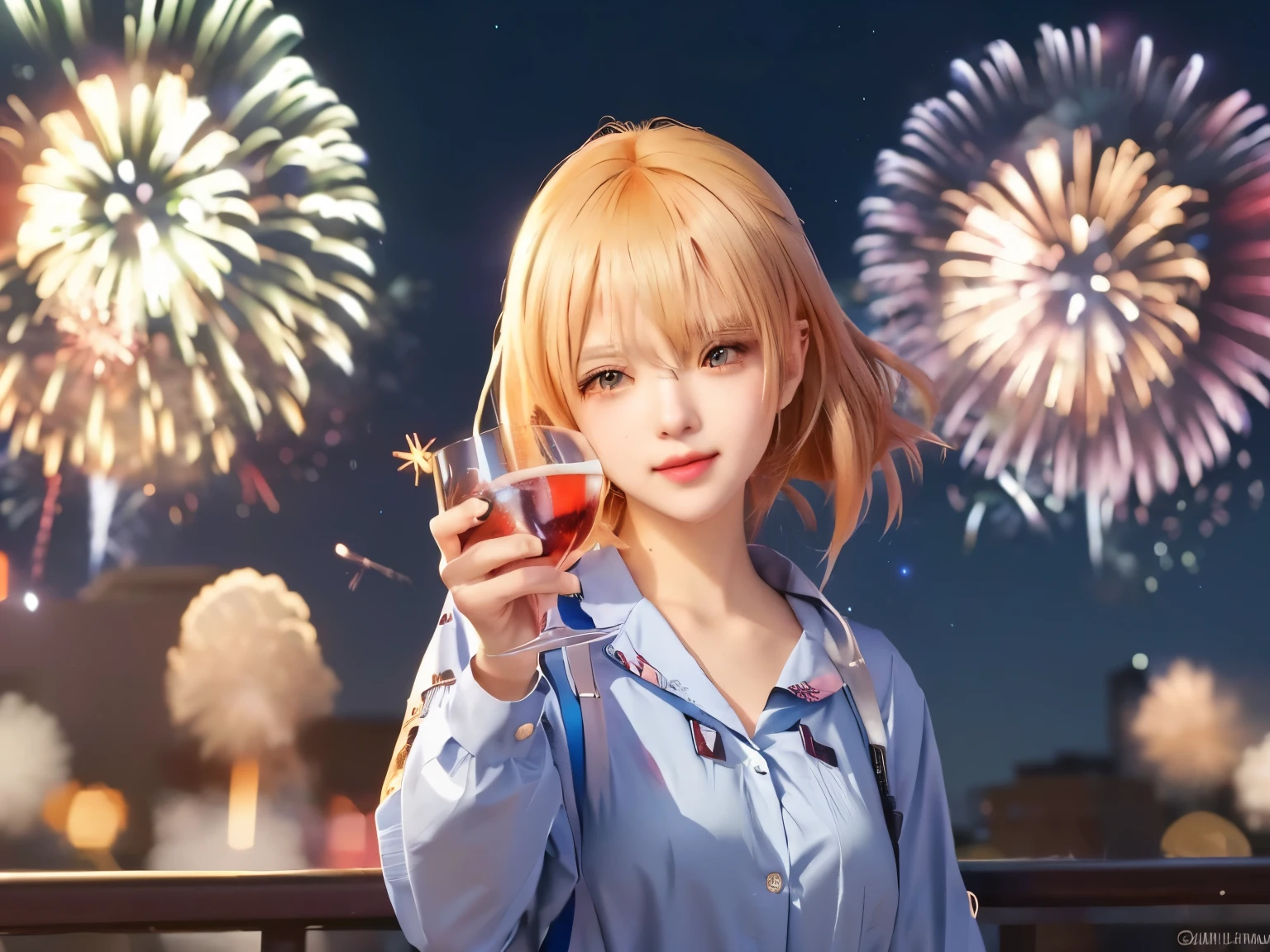 anime girl holding a glass of wine with fireworks in the background, anime girl drinks energy drink, splash art anime , from girls frontline, with a drink, anime visual of a cute girl, [ fireworks in the sky ]!!, girls frontline style, anime moe artstyle, 2 0 2 0 s promotional art, anime vibes, fireworks in the background