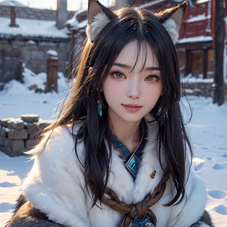 Hide in the snow mountain、Hair flows、 ((highest quality、masterpiece、8k、best image quality、ultra high resolution、Award-winning work)、(accurate anatomy:1.1)、(look at me and smile:1.1)、Shining fair skin with ultra high resolution、most detailed face、ultra high resolution detailed face、ultra high resolutionの髪の毛、(ultra high resolutionの煌めく瞳:1.1)、Beautiful face drawn in every detail、(blurred background:1.1)、ancient Inuit clothing, chest together, tattoo, Old ruins in the background、real wolf aside