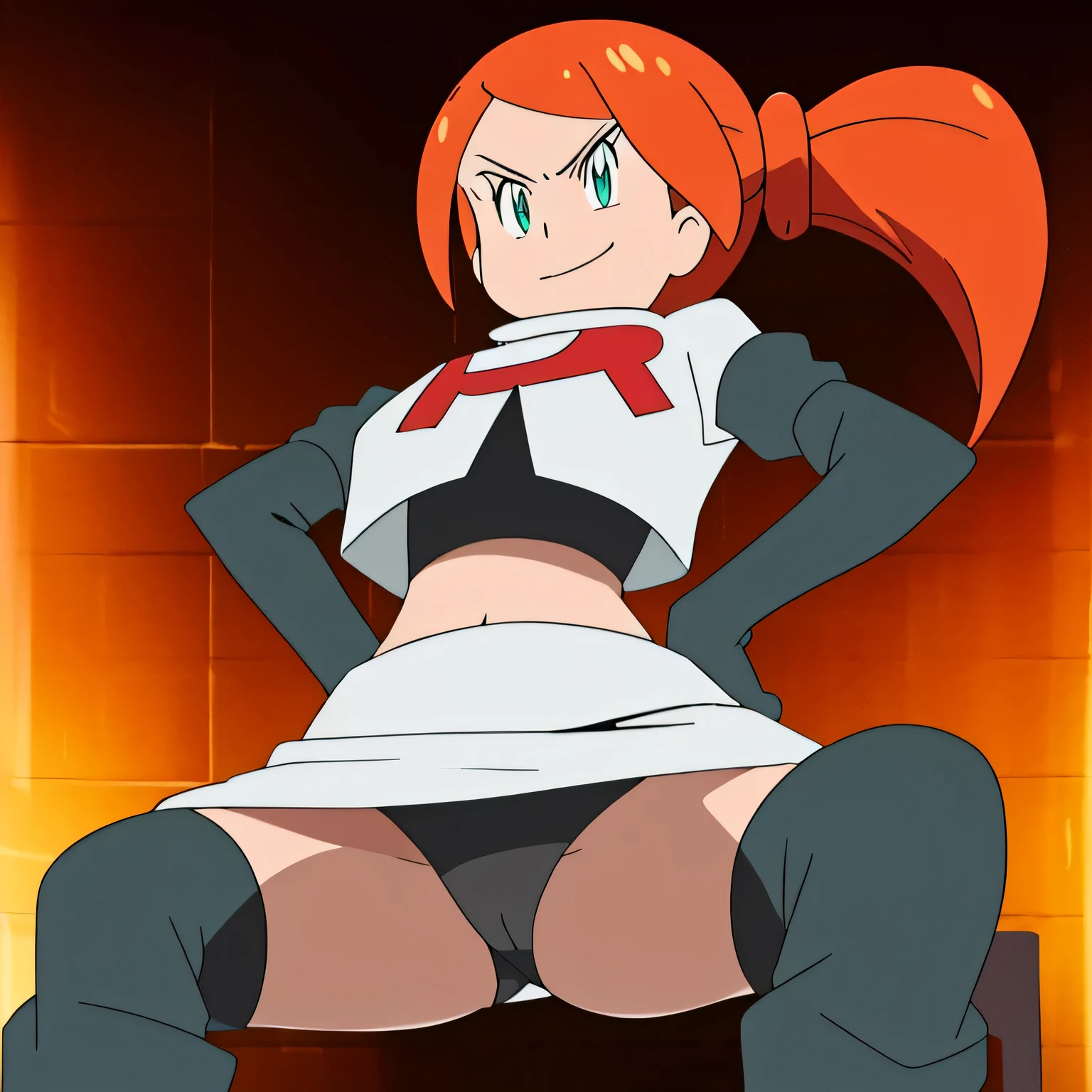 ((team rocket uniform,red letter r,white skirt,white crop top,black thigh-high boots,black elbow gloves,evil smile,looking at viewer,hands on hips,from below)),(best quality,4k,8k,highres,masterpiece:1.2),ultra-detailed,(realistic,photorealistic,photo-realistic:1.37),((HDR,UHD,studio lighting,extreme detail description,professional,portraits,red color scheme,dramatic lighting)),{{sexy squat on toilet, spread legs,black panties,sonia,side ponytail,orange hair, heart hair ornaments, aqua eyes, eyewear on head}}