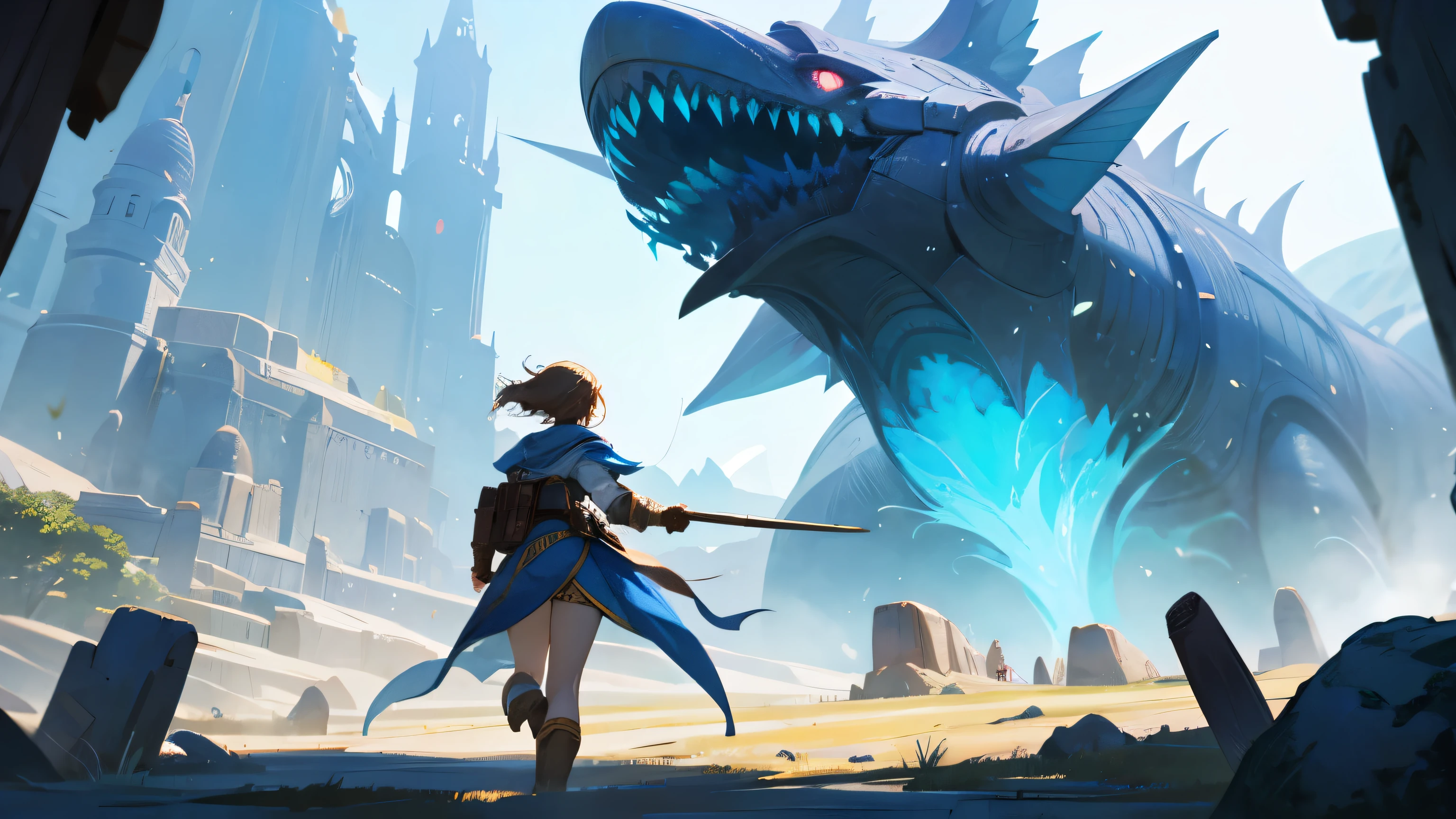 A female hero traveling through a fantasy world