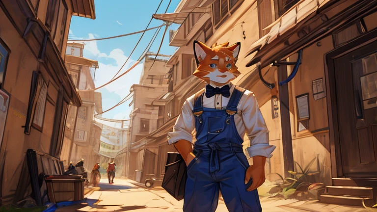 The orange cat puts on his iconic orange bow tie and overalls, transforms into an urban explorer, and is ready to go.