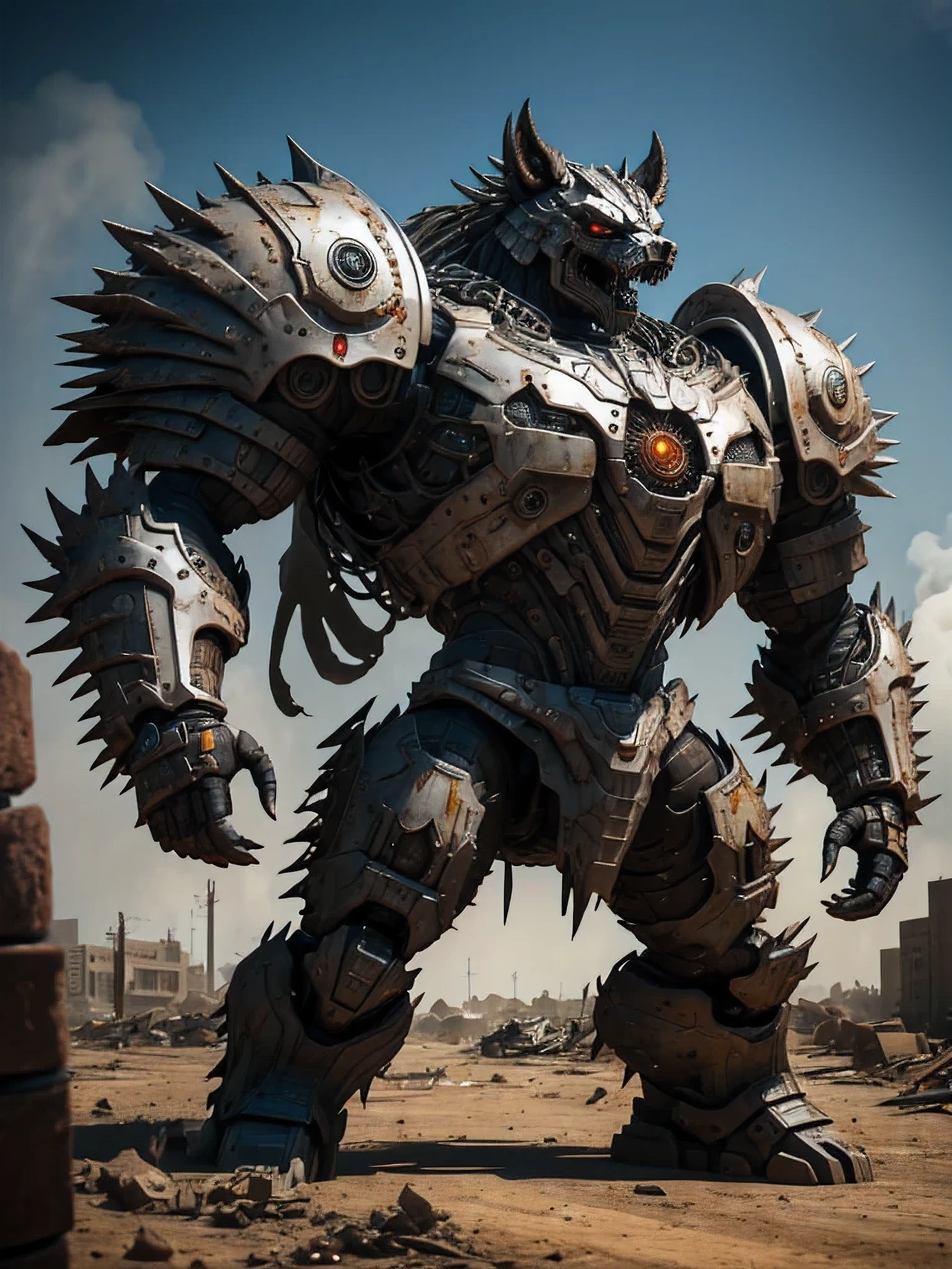 creepy photo-realistic image of extreme caricature of massive brutish enforcer built like humanoid bulldog encased in spiked plates of chrome armor. blocky features seem chiseled from stone, a jutting underbite of jagged fangs, flattened snout inlaid with articulated vents. Pistons and servomotors, gripping twin barreled intricate revolvers. dusty apocalyptic wasteland, industrial ruins background, fires burning and smoke rising in distance