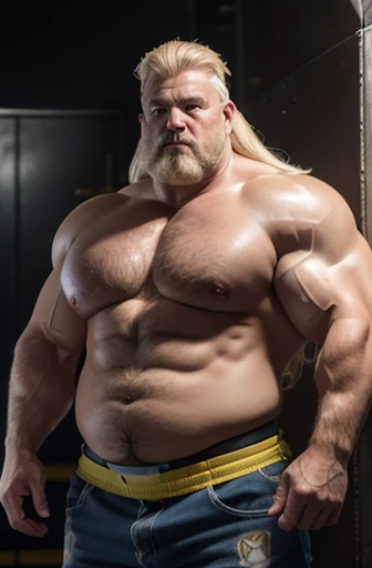 A super heavy bodybuilder gray and blonde haired Scandinavian firefighter with a yellow firefighter helmet on his head and no shirt. A full body obese bodybuilder with a very sweaty body An extremely muscular and extremely fat old man over 70 years old weighing over 600 pounds Very muscular very hairy. con grandes pectorales con pezones oscuros y ginecomastia en un medio de llamas en un gran incendio vistiendo pantalones de bombero amarillos
