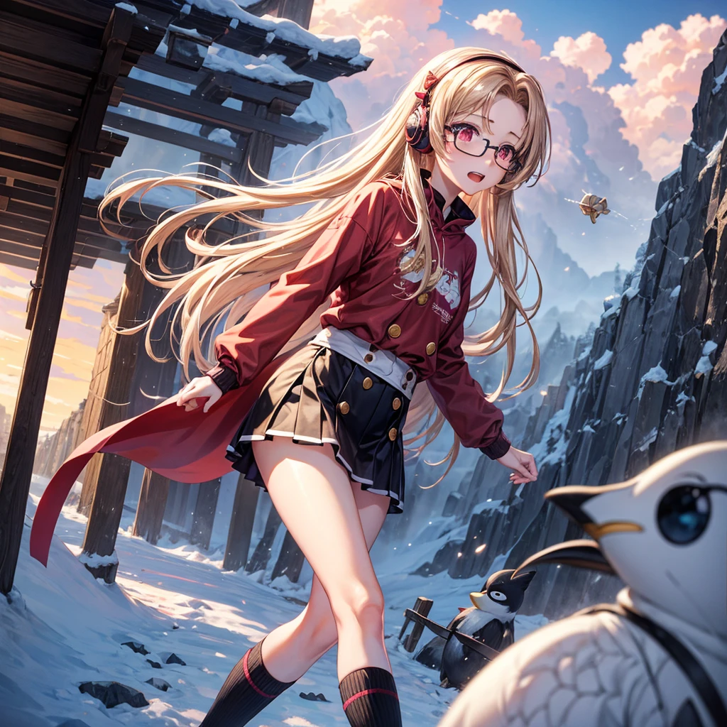 Pink gold golden hair、Red eyes、One good looking girl、solo、anime、Checkered mini skirt、The skirt has buttons、Red T-shirt、Long sleeve、China、Cape、Black knee-high socks、Wearing headphones、Wearing a ribbon、Ribbon on waist、Tilting face、Teeth are visible、tunnel、Sunset sky、The rocks are exploding、Penguins are walking、Snow is piled up、Rocky Mountain、The clouds are breaking through、Contrail、Medusa、Glasses、Cube