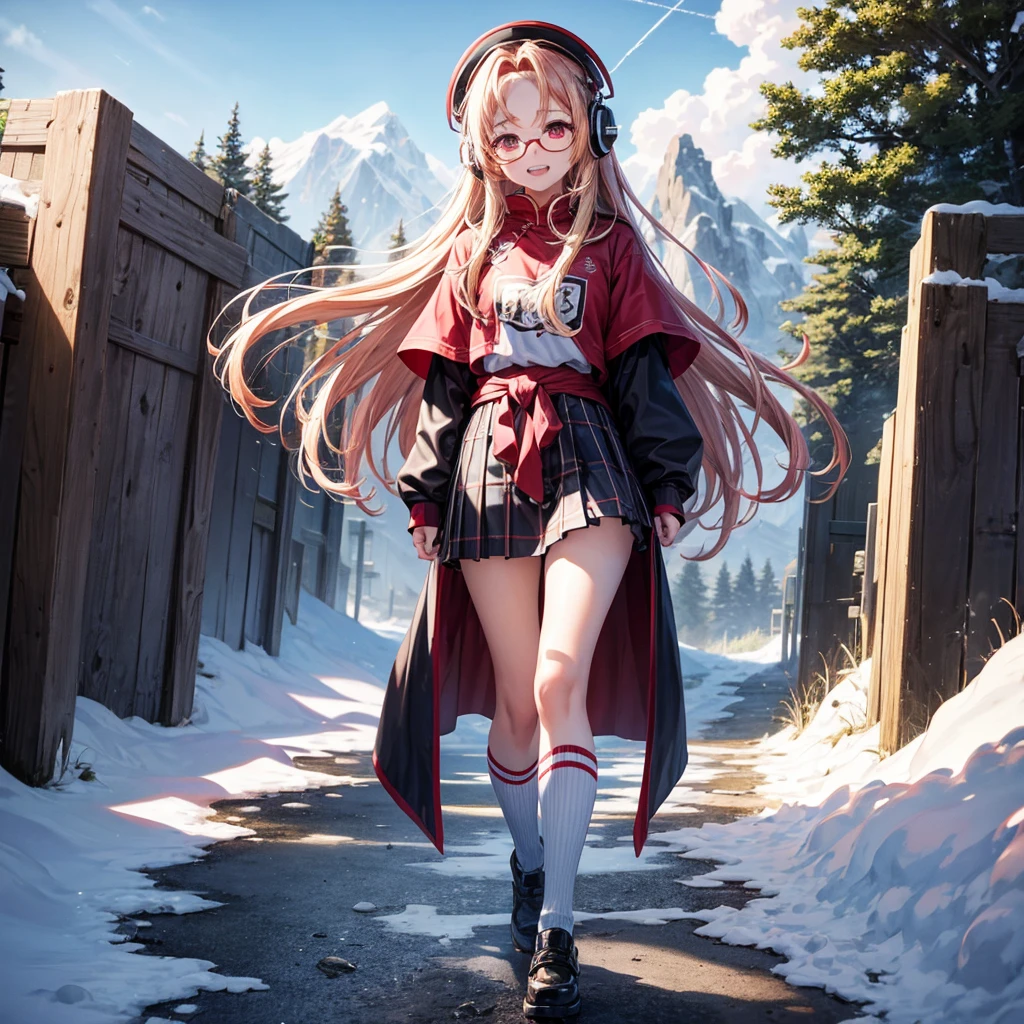 Pink gold golden hair、Red eyes、One good looking girl、solo、anime、Checkered mini skirt、The skirt has buttons、Red T-shirt、Long sleeve、China、Cape、Black knee-high socks、Wearing headphones、Wearing a ribbon、Ribbon on waist、Tilting face、Teeth are visible、tunnel、Sunset sky、The rocks are exploding、Penguins are walking、Snow is piled up、Rocky Mountain、The clouds are breaking through、Contrail、Medusa、Glasses、Cube