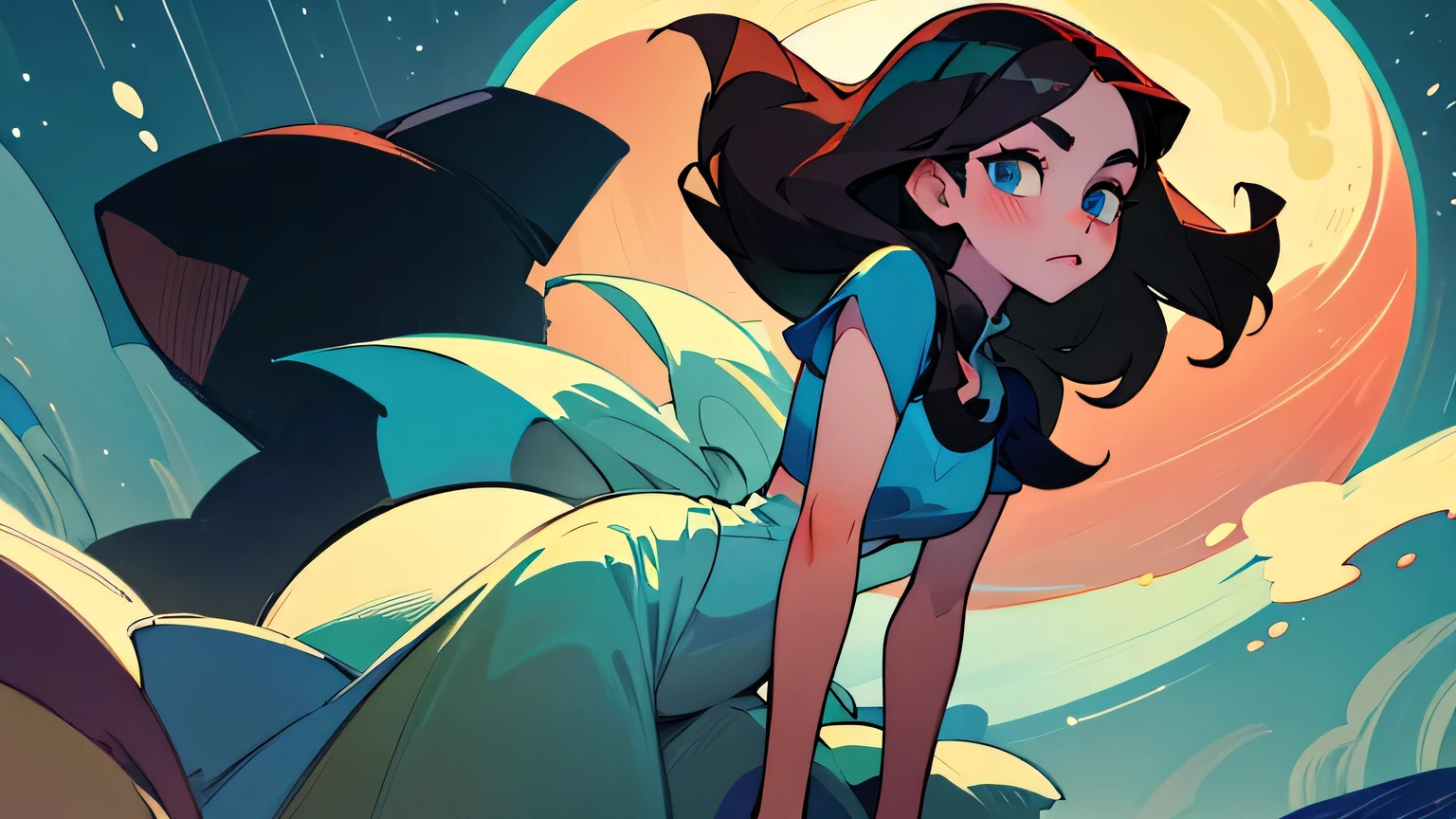 a tall teen boy confusing face questioning with curvy dark brown hair, green eyes at night with full moon looking at teen moon princess with long black hair, sea blue eyes and snow white skin.