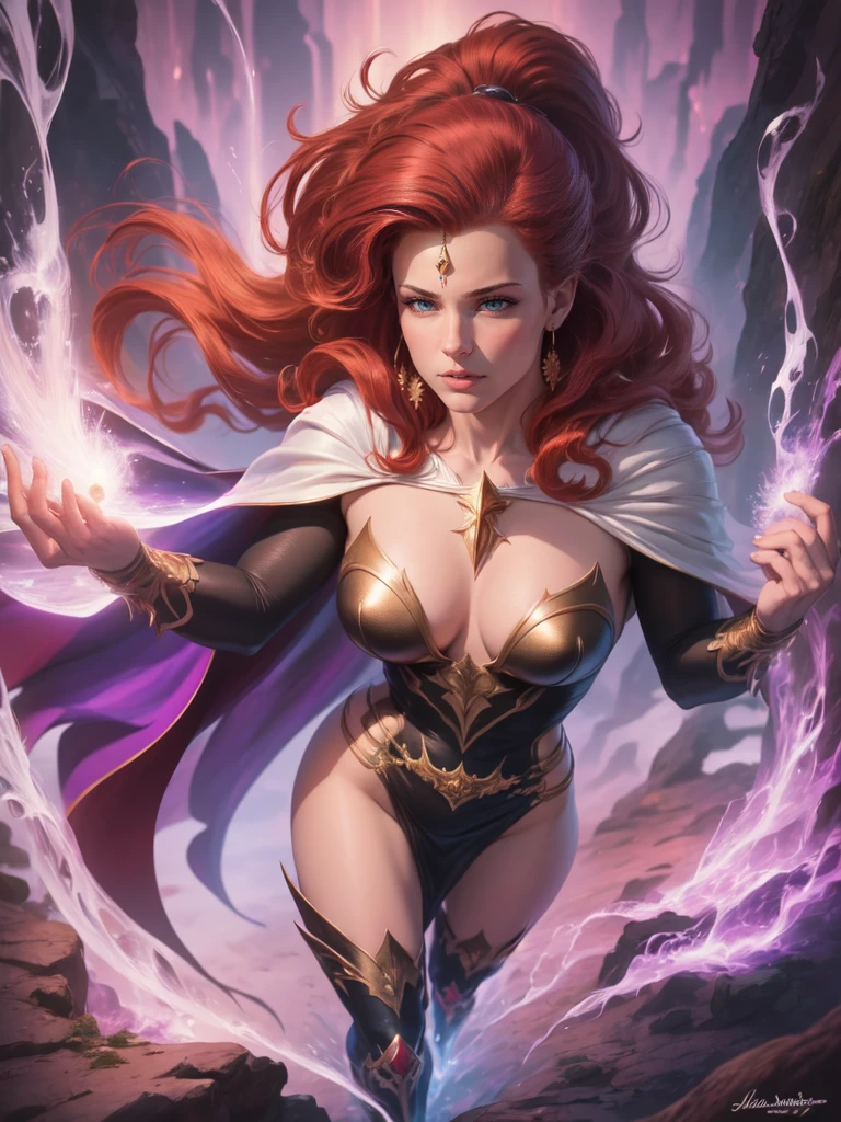 high details, best quality, 8k, [ultra detailed], masterpiece, best quality, (extremely detailed), full body, ultra wide shot, julie bell style (ultra details, Masterpiece, best quality), fantasy art, dnd art,fantasy art, realistic art, a sorceress casting a Glowing Purple spell in magical library (ultra details, Masterpiece, best quality), exquisite beautiful human woman (ultra details, Masterpiece, best quality), red hair, long hair, (long black dress: 1.2), (white cloak: 1.3), high heeled boots (ultra details, Masterpiece, best quality) Glowing Purple