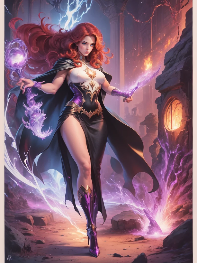 high details, best quality, 8k, [ultra detailed], masterpiece, best quality, (extremely detailed), full body, ultra wide shot, julie bell style (ultra details, Masterpiece, best quality), fantasy art, dnd art,fantasy art, realistic art, a sorceress casting a Glowing Purple spell in magical library (ultra details, Masterpiece, best quality), exquisite beautiful human woman (ultra details, Masterpiece, best quality), red hair, long hair, (long black dress: 1.2), (white cloak: 1.3), high heeled boots (ultra details, Masterpiece, best quality) Glowing Purple