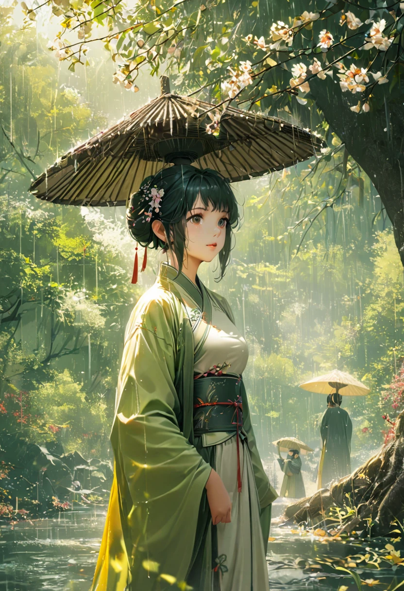 1girl, Cai GuoRUN's illustration style, Rainy Qingming season, Under a willow tree, A shepherd boy, amidst the rain, points into the distance, indicating the direction to Apricot Blossom Village, spring is full of freshness, rich details, spring scene, flat design, soft colors, vibrant tones, Chinese traditional painting elements, photorealistic, Minimal composition, High saturation and high contrast,rich light and shadow details, sharp contrast and clean lines