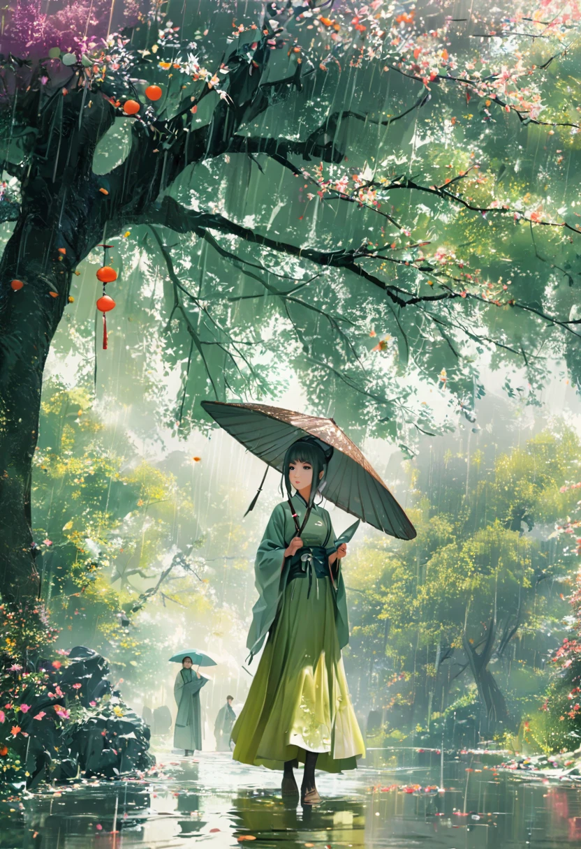 1girl, Cai GuoRUN's illustration style, Rainy Qingming season, Under a willow tree, A shepherd boy, amidst the rain, points into the distance, indicating the direction to Apricot Blossom Village, spring is full of freshness, rich details, spring scene, flat design, soft colors, vibrant tones, Chinese traditional painting elements, photorealistic, Minimal composition, High saturation and high contrast,rich light and shadow details, sharp contrast and clean lines