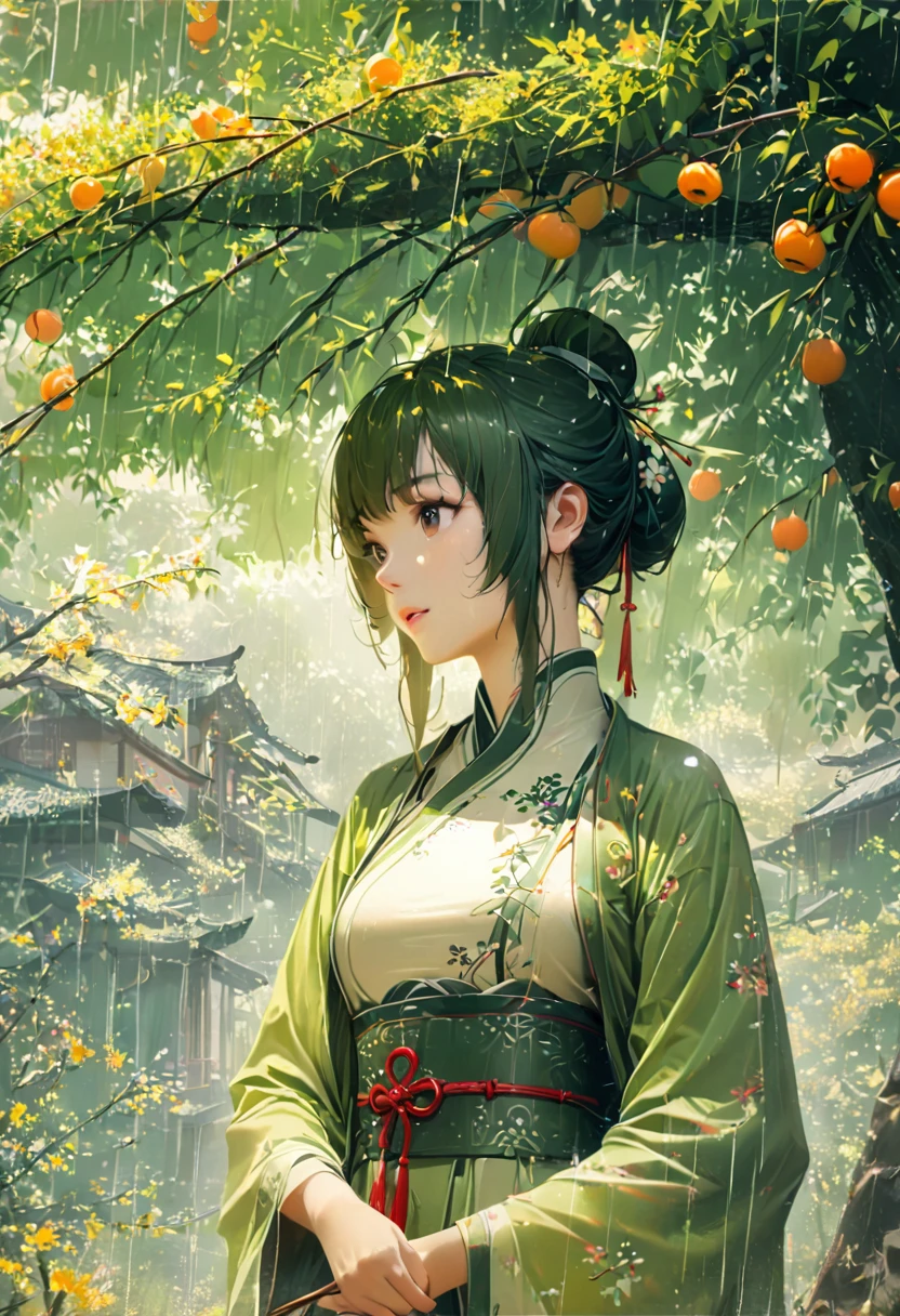 1girl, Cai GuoRUN's illustration style, Rainy Qingming season, Under a willow tree, A shepherd boy, amidst the rain, points into the distance, indicating the direction to Apricot Blossom Village, spring is full of freshness, rich details, spring scene, flat design, soft colors, vibrant tones, Chinese traditional painting elements, photorealistic, Minimal composition, High saturation and high contrast,rich light and shadow details, sharp contrast and clean lines