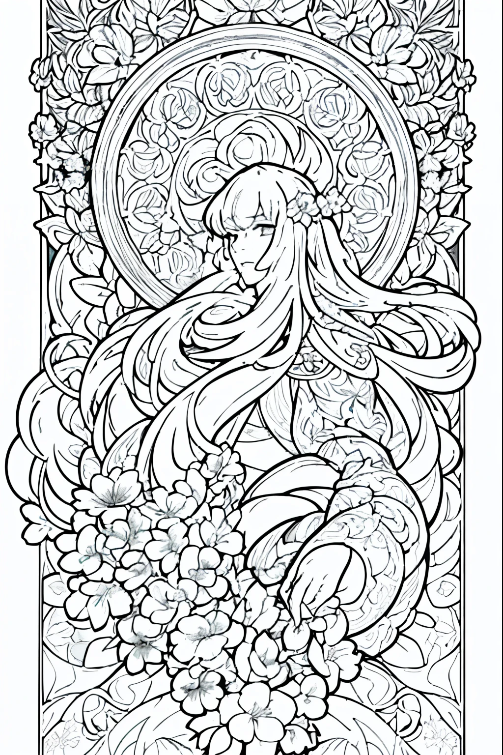 Flower Painting, Floral frame, Decorative panel, Abstract Art of Alphonse Mucha, sketchfab, 色や影のないLine artやシーン. (masterpiece, Better Quality, High resolution: 1.4), be familiar with, Intricate details, 4K, Color Splash, Line art, Fibonacci,
