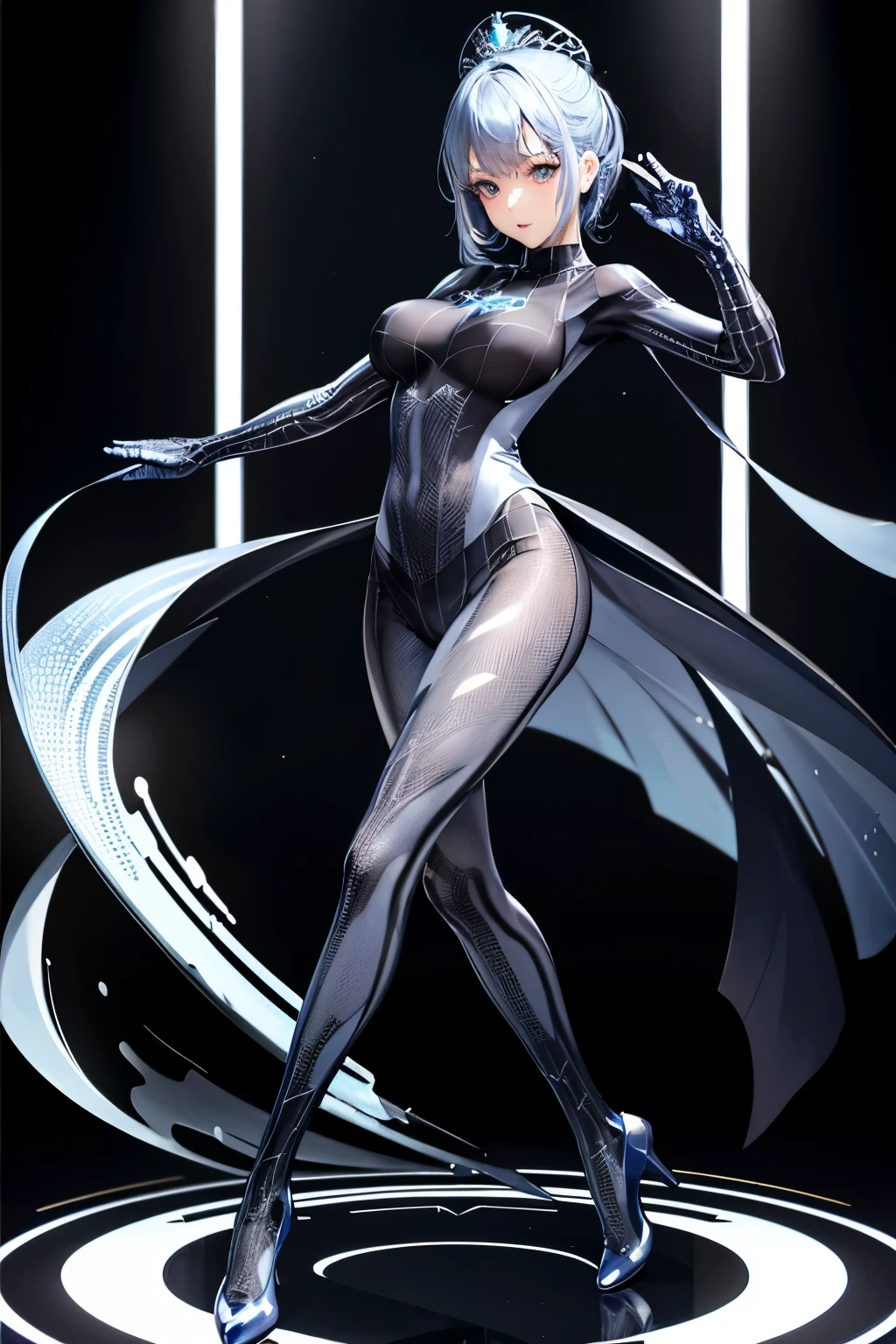 (((highest quality、first-clasasterpiece、Normal body、8k、Detailed face、Ultra-precision、Normal hand、Normal finger、5Finger、)))Blue and silver hair、Princess、Full Body Tights、Fishnet tights、dance、Intense dances