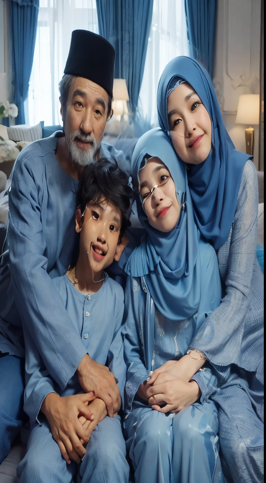 Make a friendly close up photo style,four members, one Indonesian MAN aged 40 years, chubby, one WOMAN aged 40 years, chubby, wearing a hijab, a girl aged 14 years, and a boy aged 8 years, they are wearing blue colored Muslim koko clothes The latest blue tunic , wearing a hijab, sitting on the sofa, embracing each other, comfortable and happy, in a luxurious living room, luxury home studio background. details. fresh colors, blue lighting