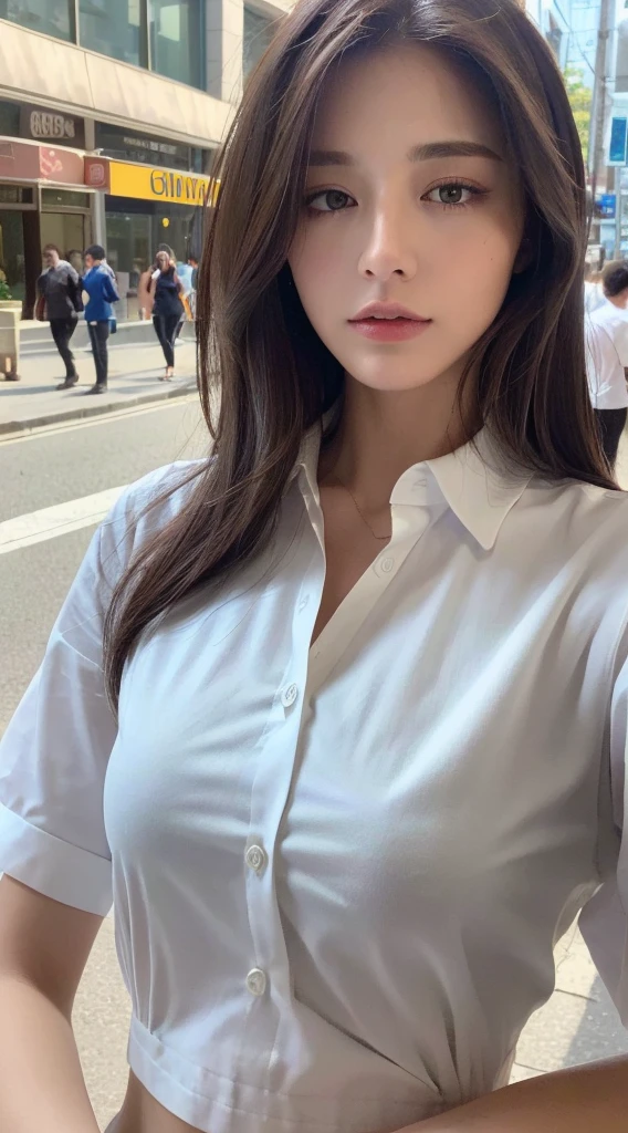 ((best quality, 8K, masterpiece :1.3)), Sharp focus :1.2, Beautiful woman with perfect body :1.4, Lean abdominal muscles :1.2, ((Dark brown hair, Large Breasts :1.2)), (White Button-Down Long Shirt :1.1), City Streets:1.2, Highly detailed face and skin textures, Fine Eyes, double eyelids