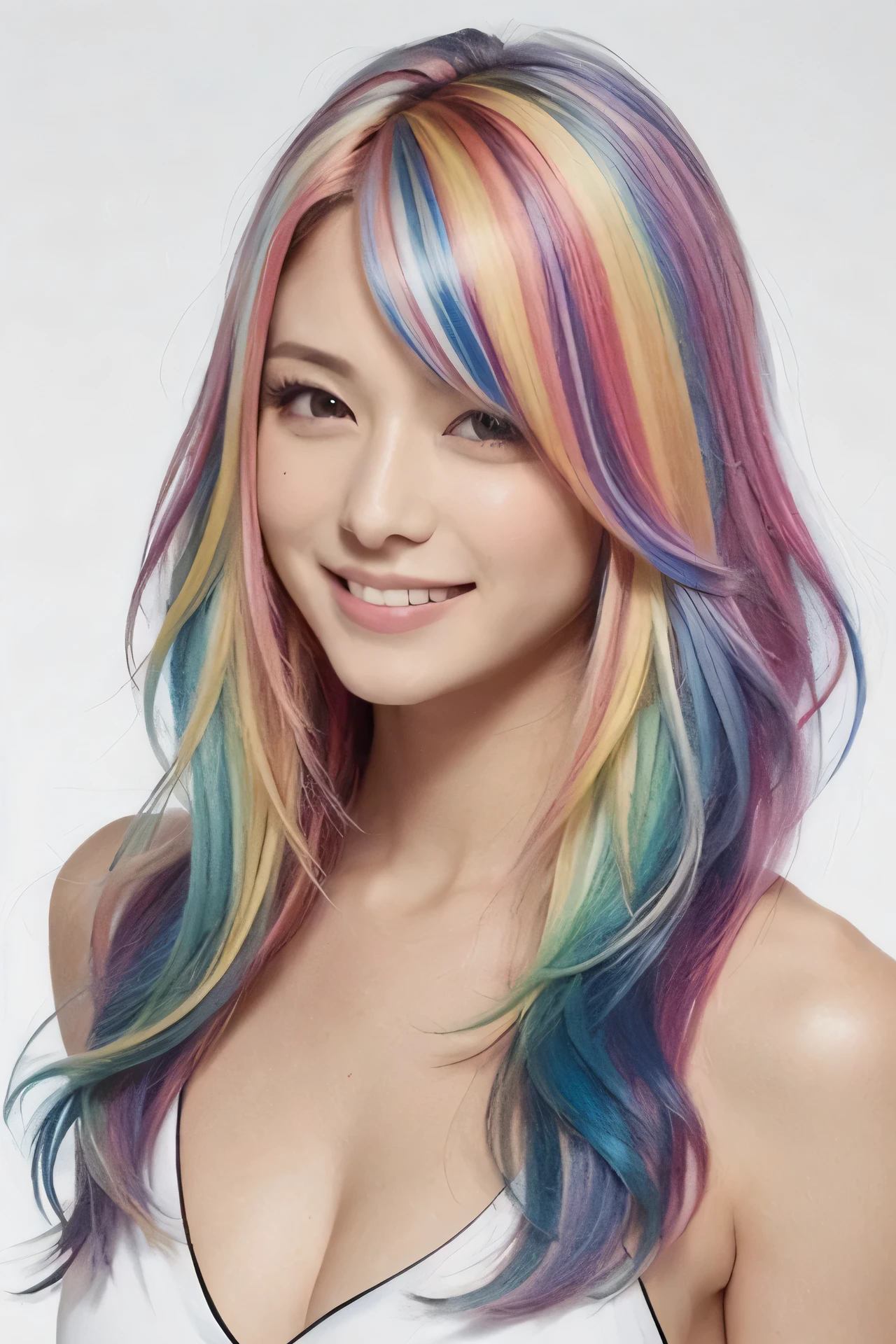 Russian woman in simple clothes, Realistic, highest quality, masterpiece, Japanese women,20-year-old, rainbow hair, Thinning hair, Fine skin, Long Hair, Wavy Hair, Curly Hair, Mole under the eye, Breast augmentation,positive,smile,Simple Background,upper body,upper bodyupper bodymulticolored hair, streaked hair,multicolored hair, streaked hair,rainbow hair, rainbow hair,, rainbow hair, rainbow hair, rainbow hair