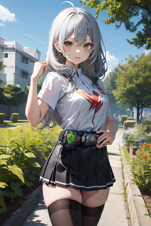 (tsuuhaiken),masterpiece,best quality,highres,ultra-detailed,aanyaruko,long hair,(silver hair),ahoge,shirt,white shirt,checkered clothes,short sleeves,transformation belt,black apron,skirt,checkered skirt,zettai ryouiki,(white thighhighs:1.2),high heels,outdoors,garden,black lace-trimmed panties, (cowboy shot:1.3),standing,open stance,(Kamen Rider's Transformation Pose:1.3)